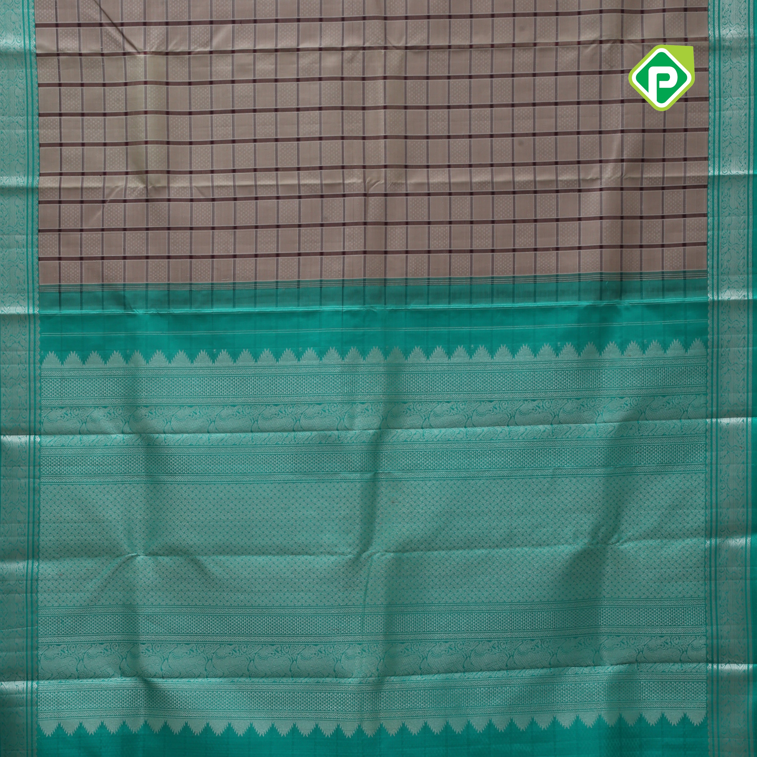 Wood beige purple checked window panel rama green silver zari double line gap border traditional silk saree