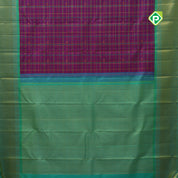 purple gold zari bars and blue silk thread self designed checks green gold zari zig zag border traditional silk saree
