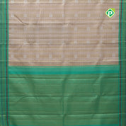 Peach pink silver gold zari designed checks design contrast rexona green zari thread lines border bridal silk saree