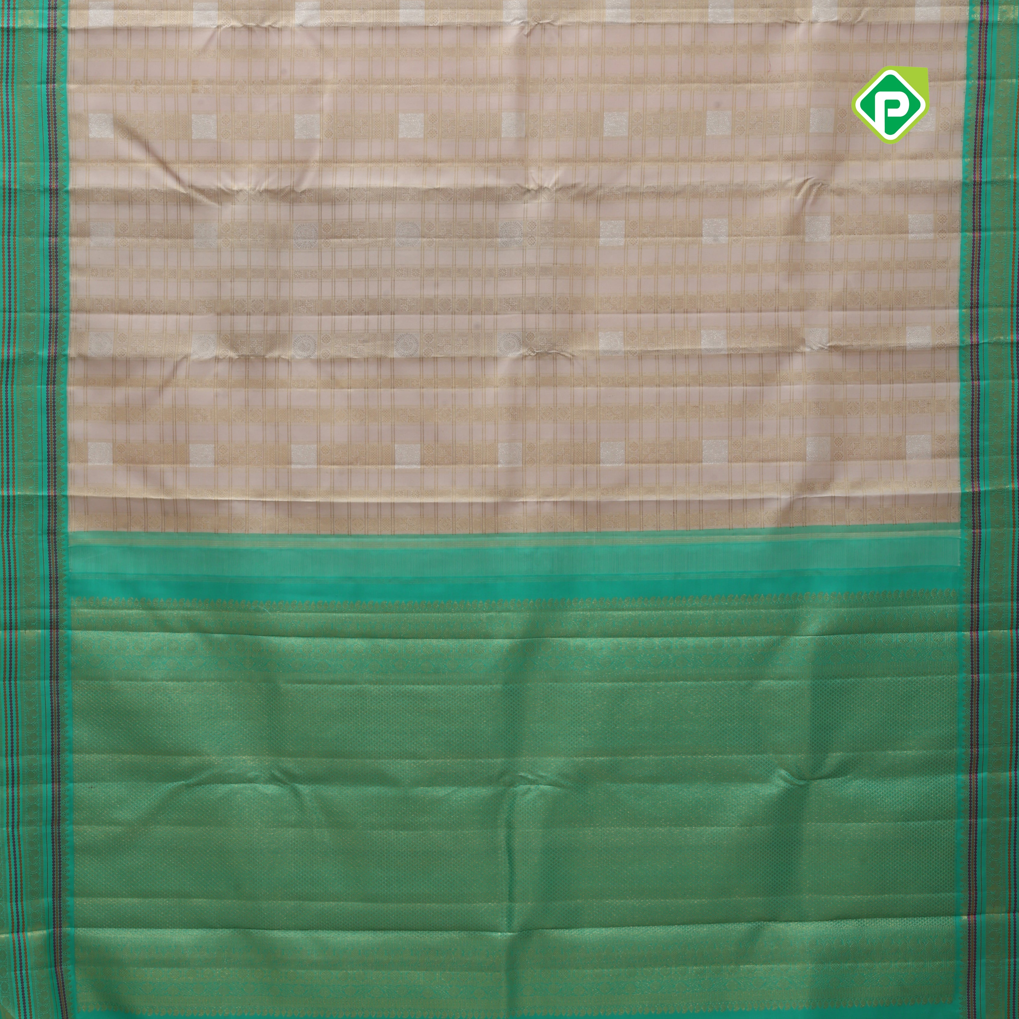 Peach pink silver gold zari designed checks design contrast rexona green zari thread lines border bridal silk saree