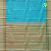 Sky blue gold zari double bird thilagam butta creamy sandal gold zari meena work border retro traditional silk saree
