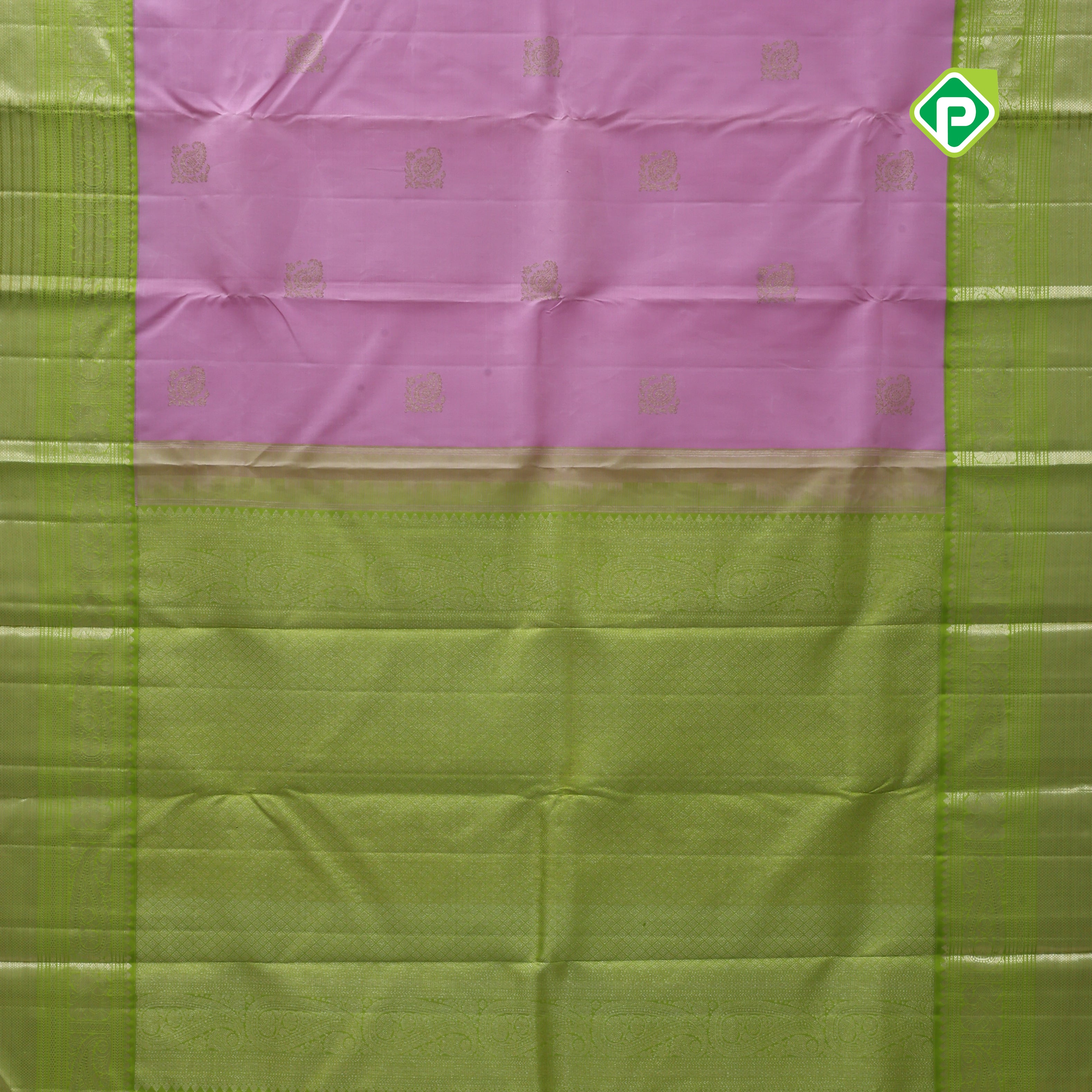 pale pink silver gold zari fancy mango butta parrot green dual zari orange edge border traditional silk saree