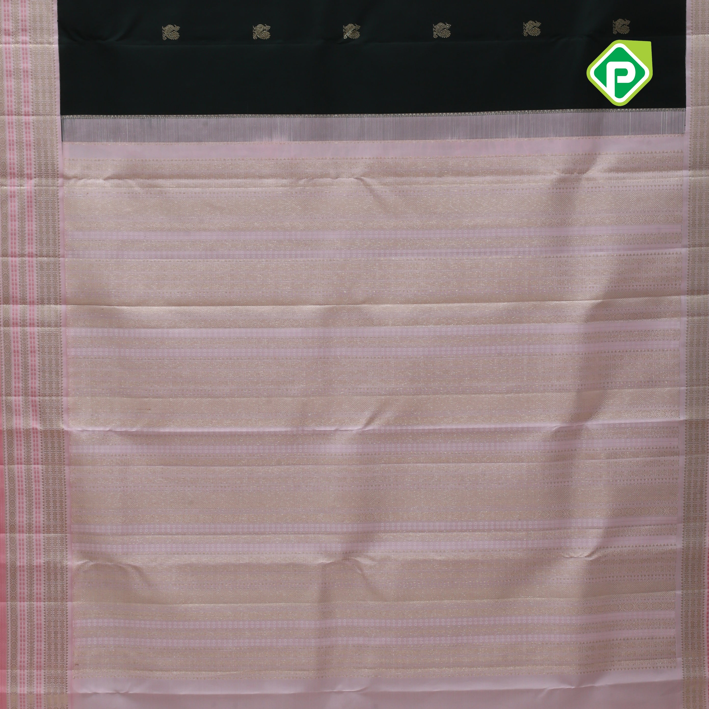 Olive green gold zari peacock chakkaram butta peach pink gold zari thread lines retro traditional silk saree