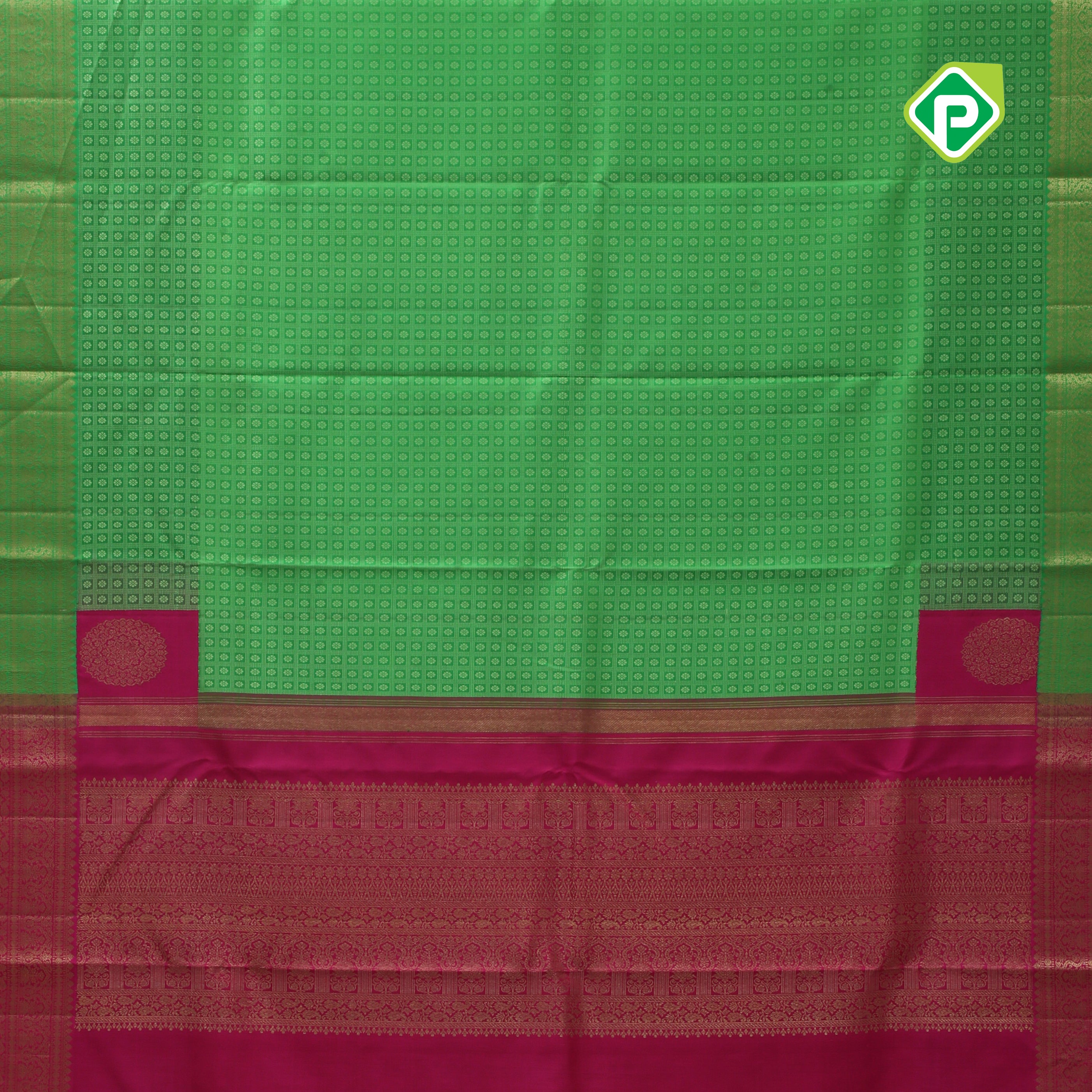 Leaf green full thread work flower checked self gold zari Arch pink edge border bridal silk saree