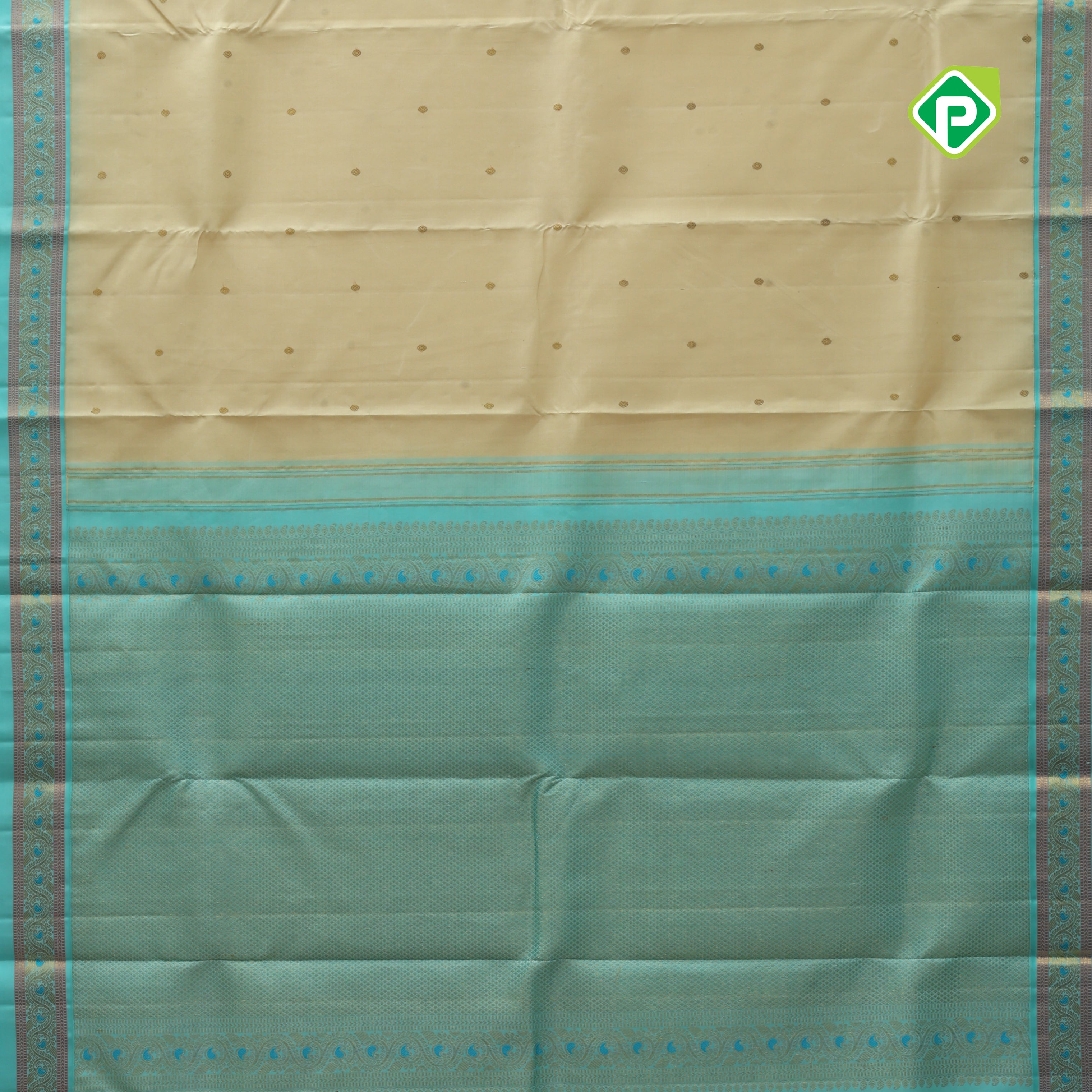 creamy sandal gold zari small round butta contrast sea blue rettapet border traditional silk saree