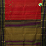 Red gold zari meena work flower beads drops design green rudraksham velthari lines border vintage collection traditional silk saree
