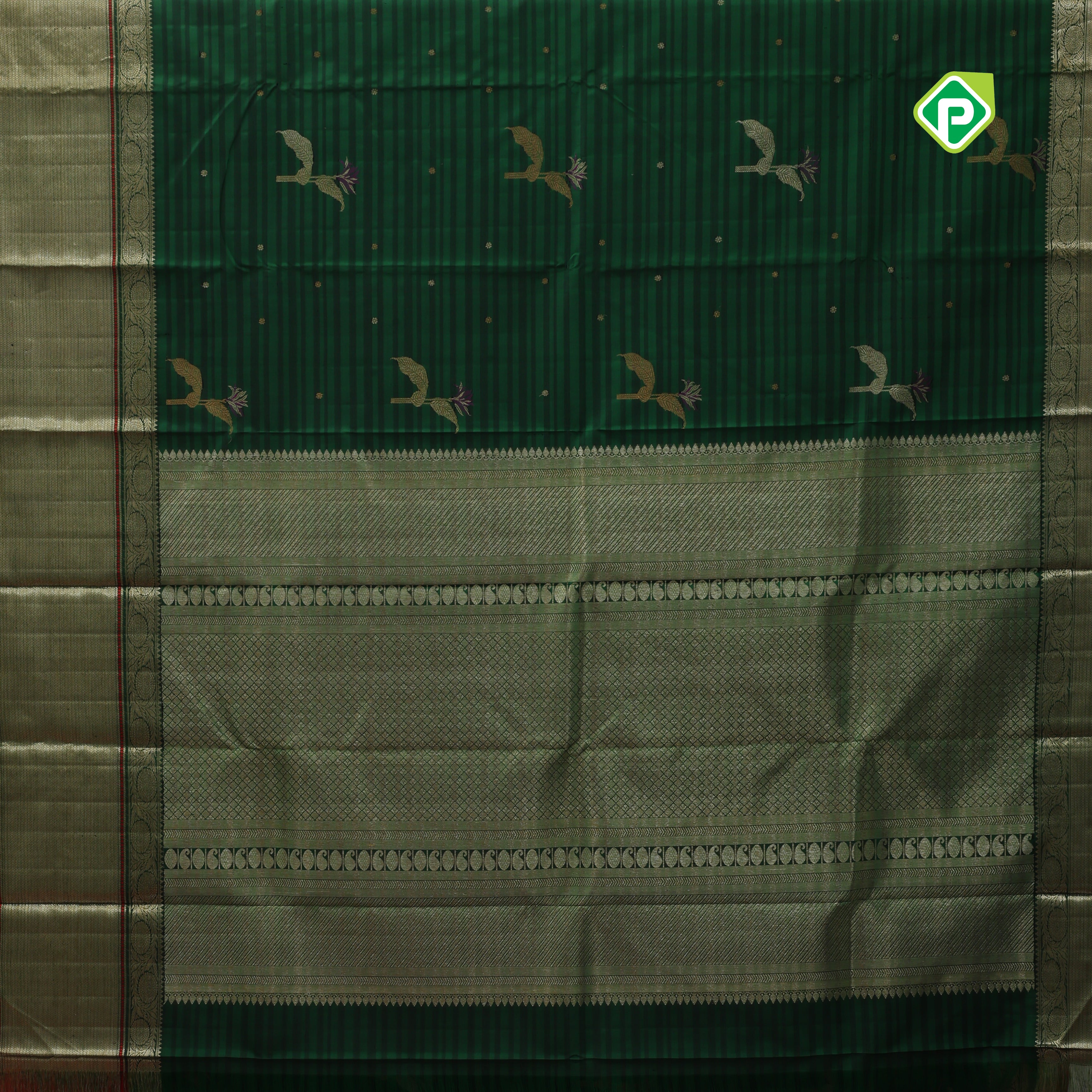 Dark green dual shade lines gold zari leaf meena work butta self gold zari red edge border signature traditional silk saree