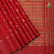 Chilly red gold zari checks mid peacock flower butta self gold zari lines green edge border traditional silk saree