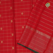 Chilly red gold zari checks mid peacock flower butta self gold zari lines green edge border traditional silk saree