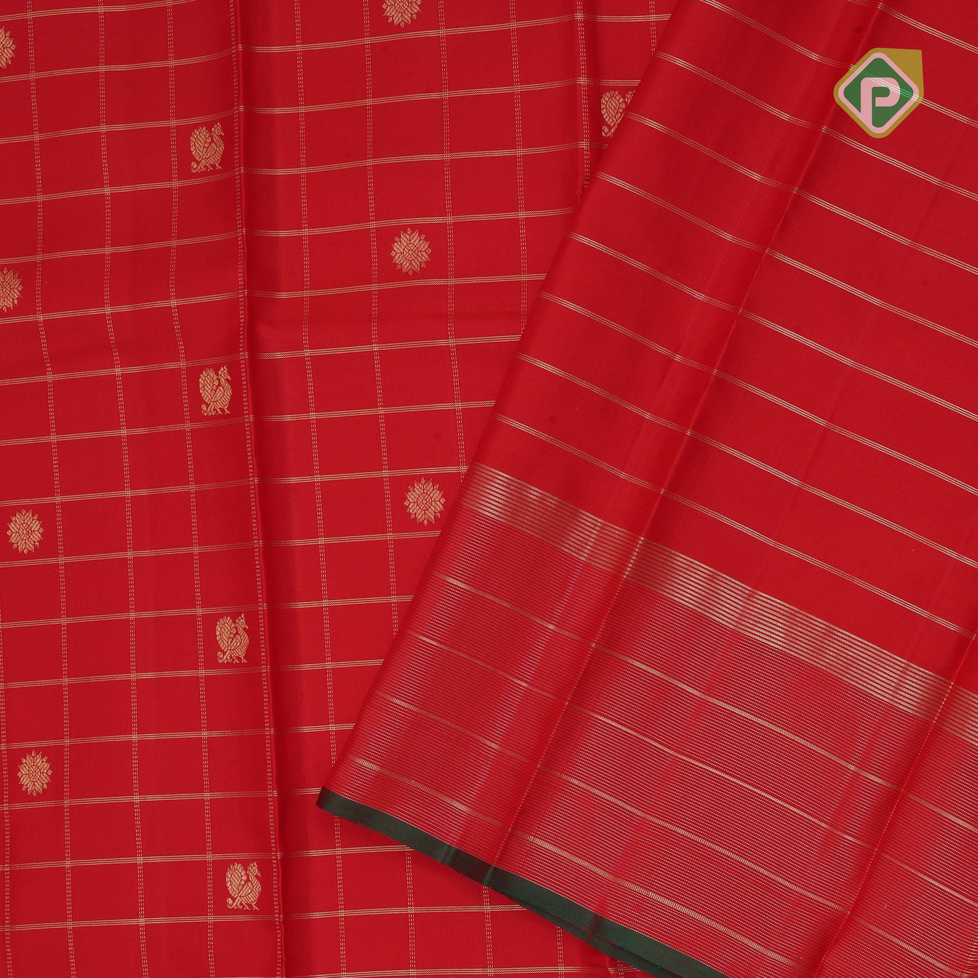 Chilly red gold zari checks mid peacock flower butta self gold zari lines green edge border traditional silk saree
