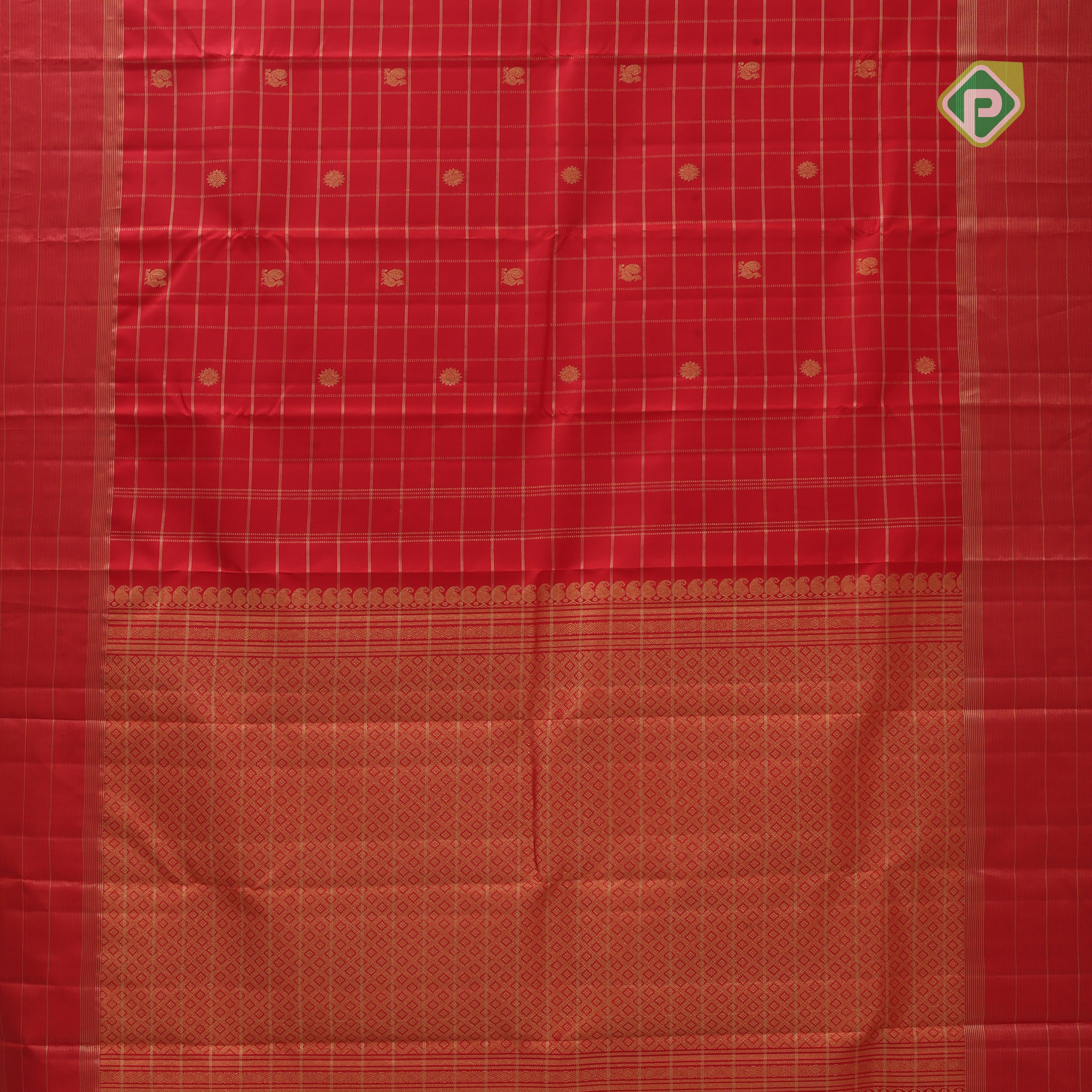 Chilly red gold zari checks mid peacock flower butta self gold zari lines green edge border traditional silk saree