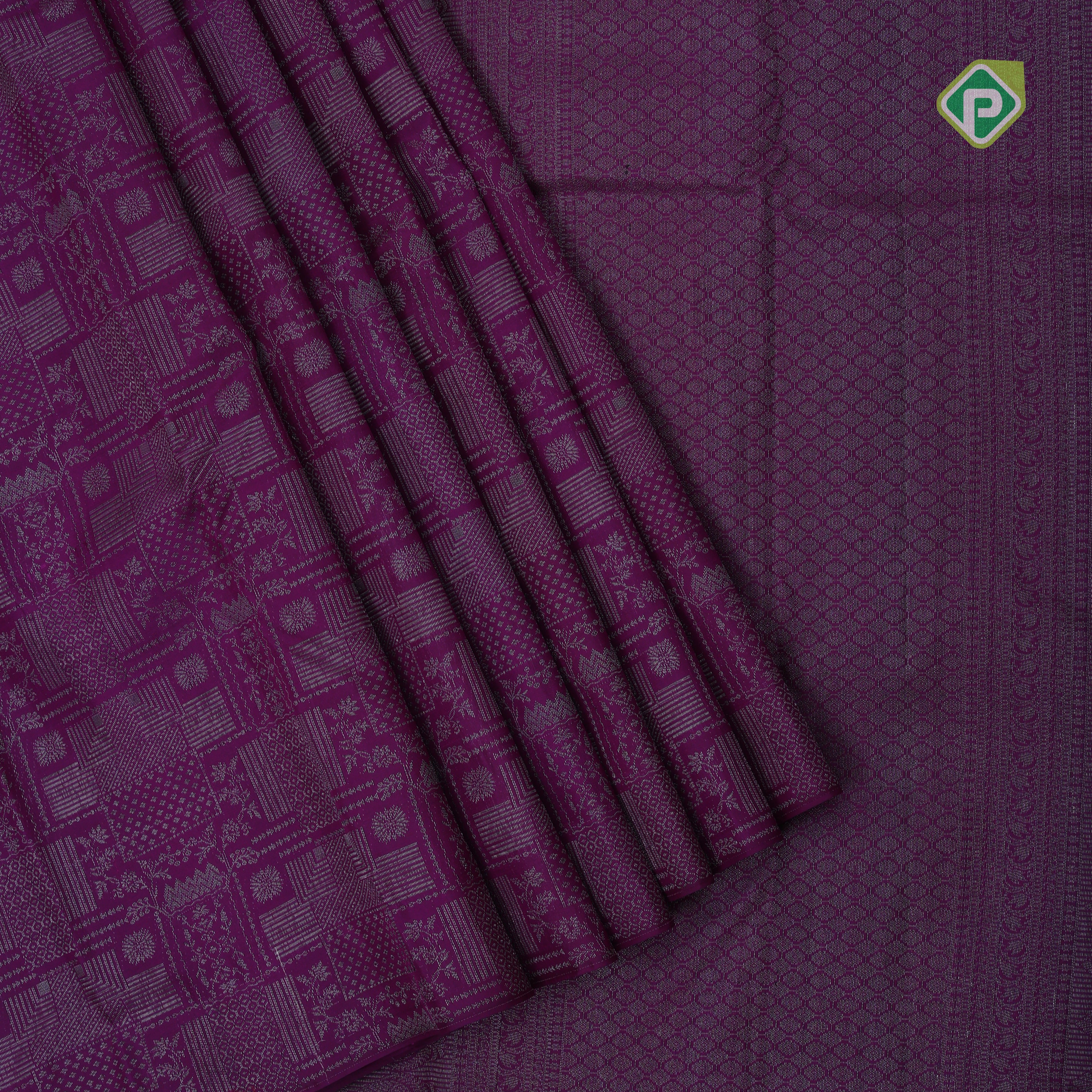 purple with neem zari fancy design blocks borderless all over weaved design silk saree