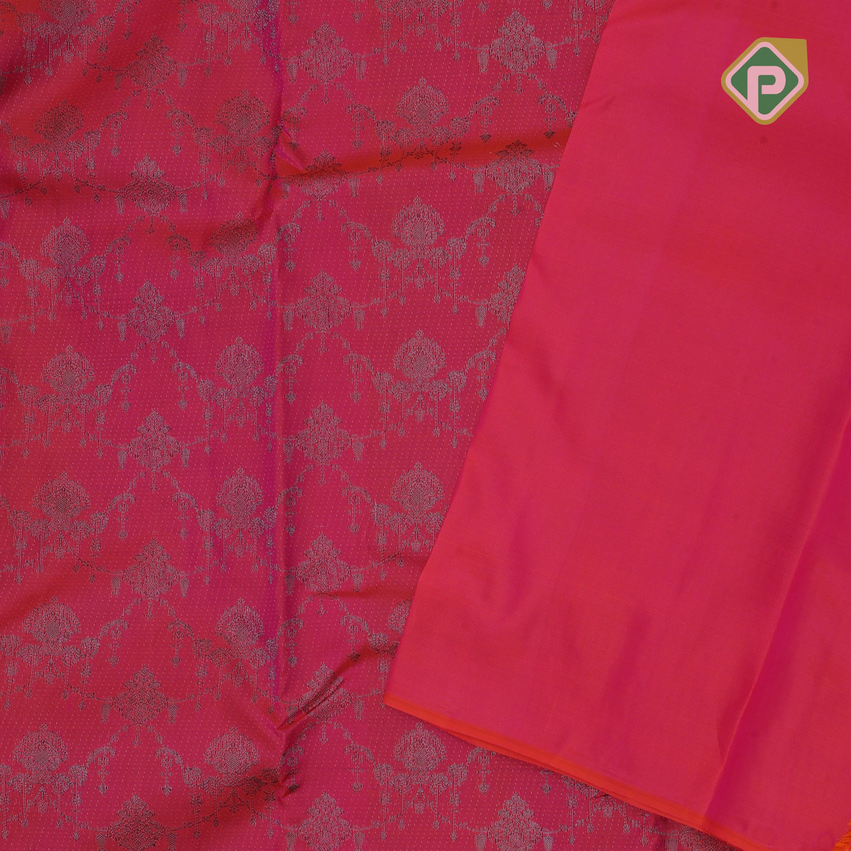 pinkish orange neem zari grand flower design self thilagam border all over weaved silk saree