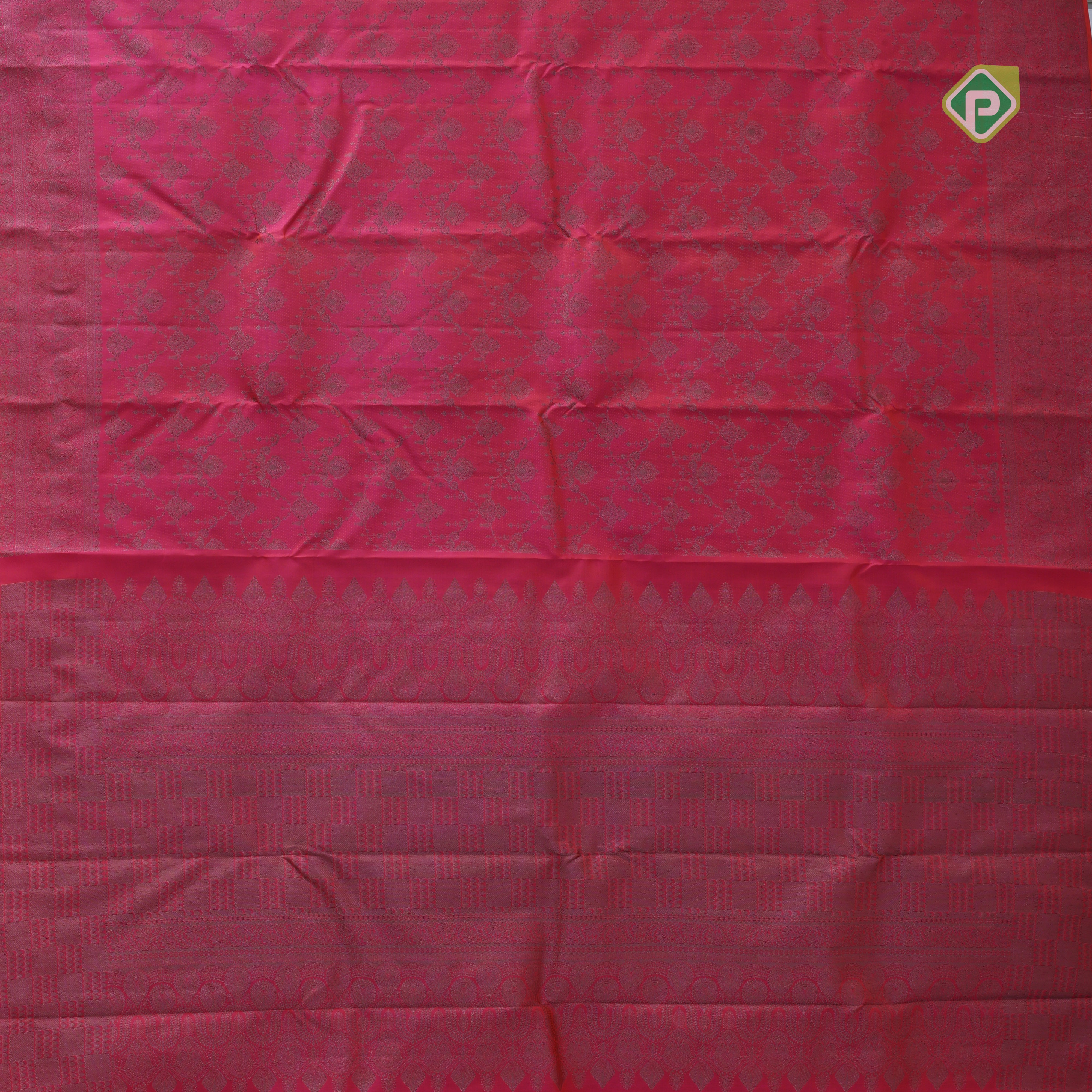 pinkish orange neem zari grand flower design self thilagam border all over weaved silk saree