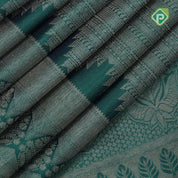 Emarald green gold zari small butta lines self gold zari zig zag border all over weaved silk saree