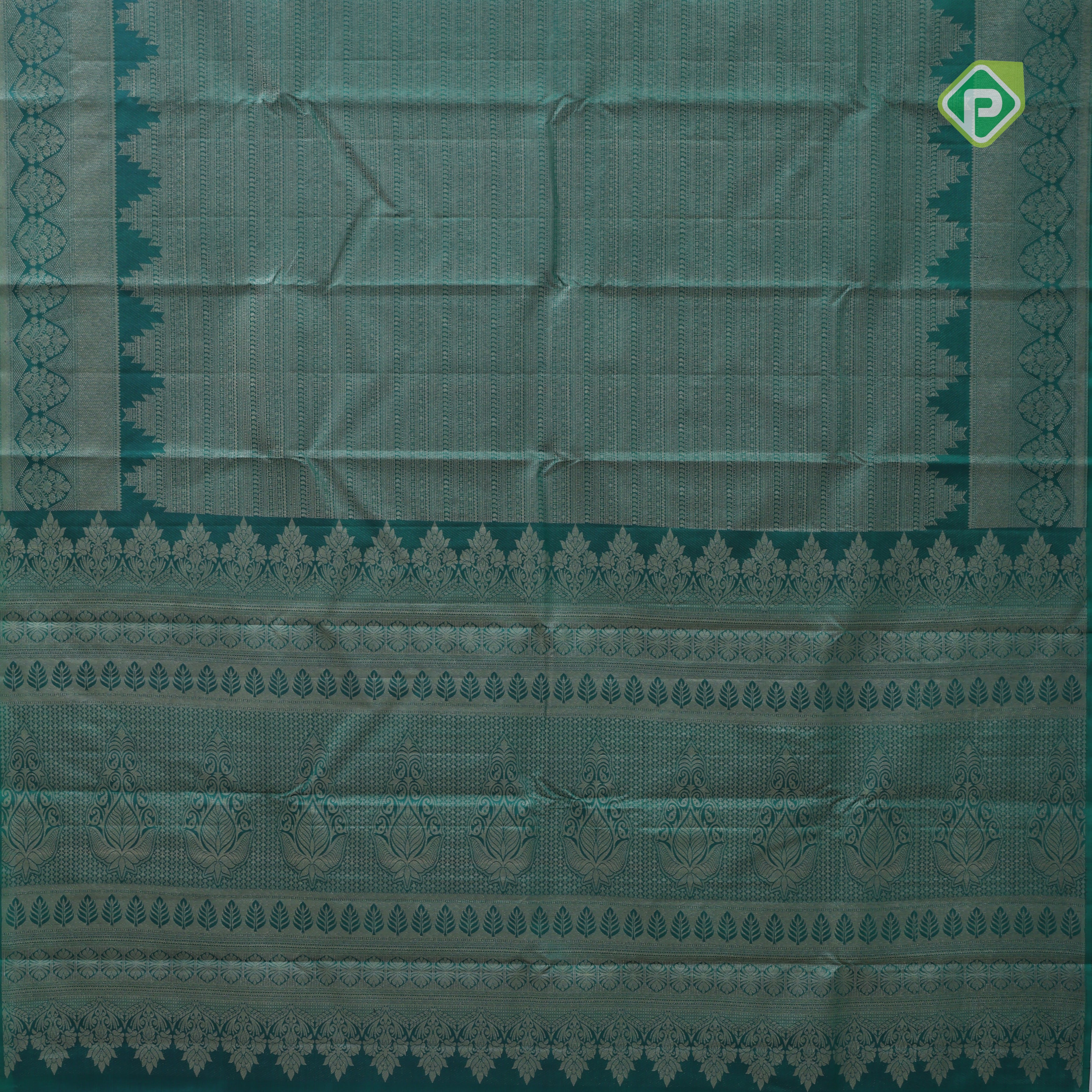 Emarald green gold zari small butta lines self gold zari zig zag border all over weaved silk saree