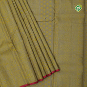 banana yellow neem zari self design boxes pink edge border all over weaved silk saree