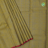 banana yellow neem zari self design boxes pink edge border all over weaved silk saree