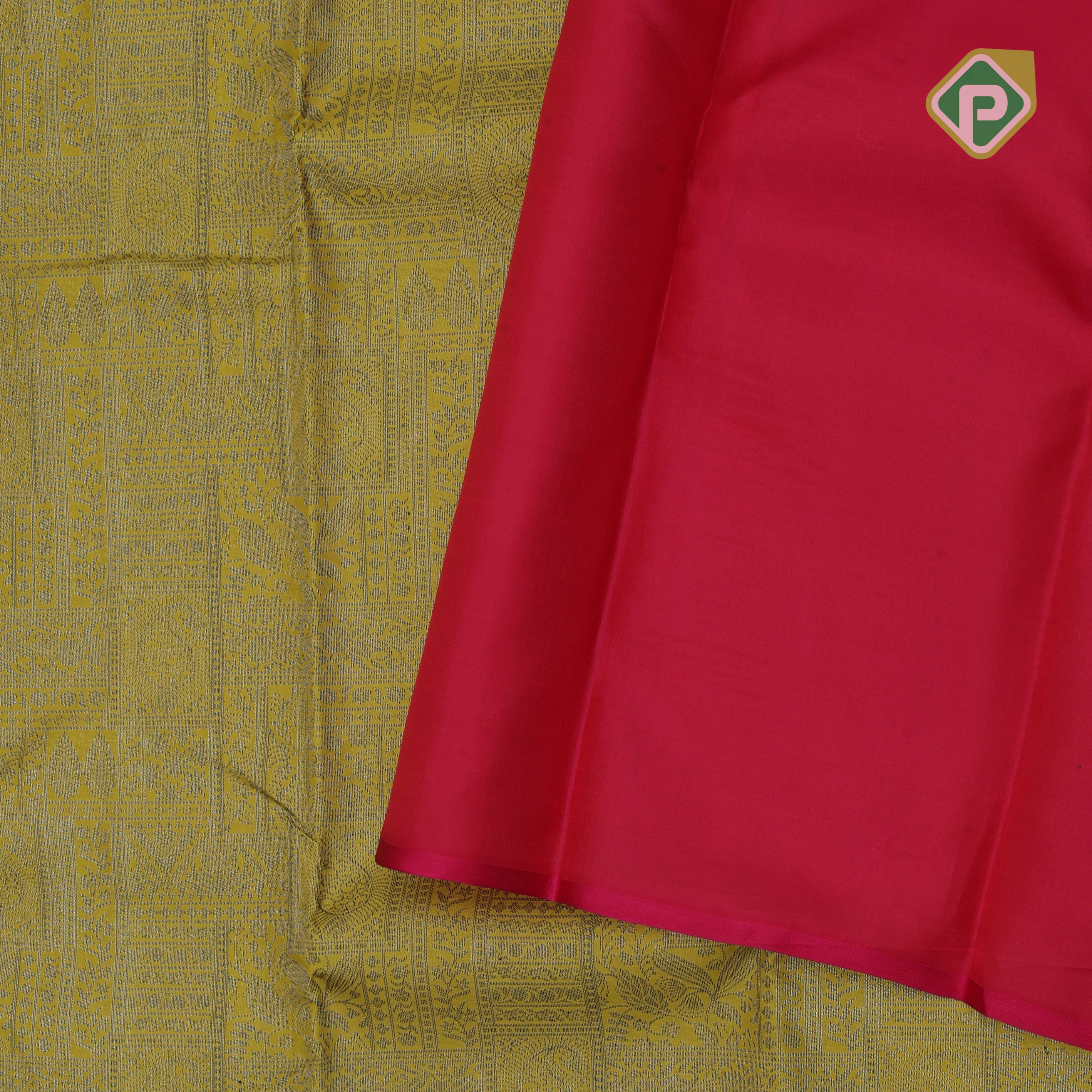 banana yellow neem zari self design boxes pink edge border all over weaved silk saree