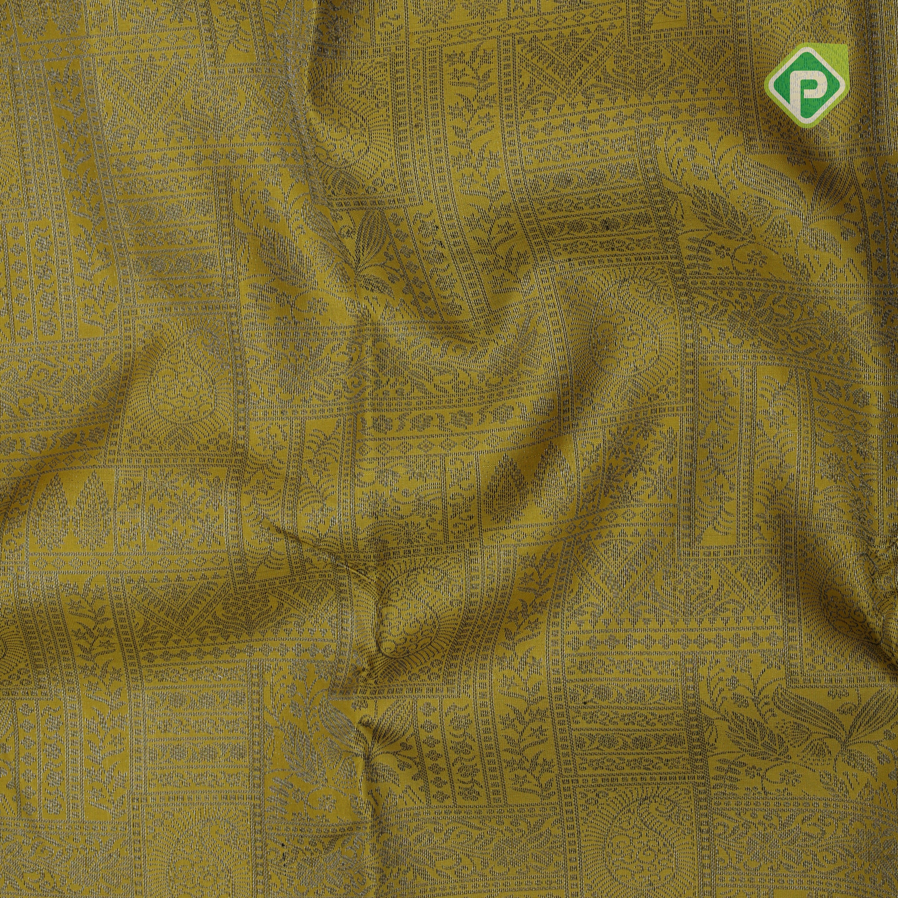 banana yellow neem zari self design boxes pink edge border all over weaved silk saree