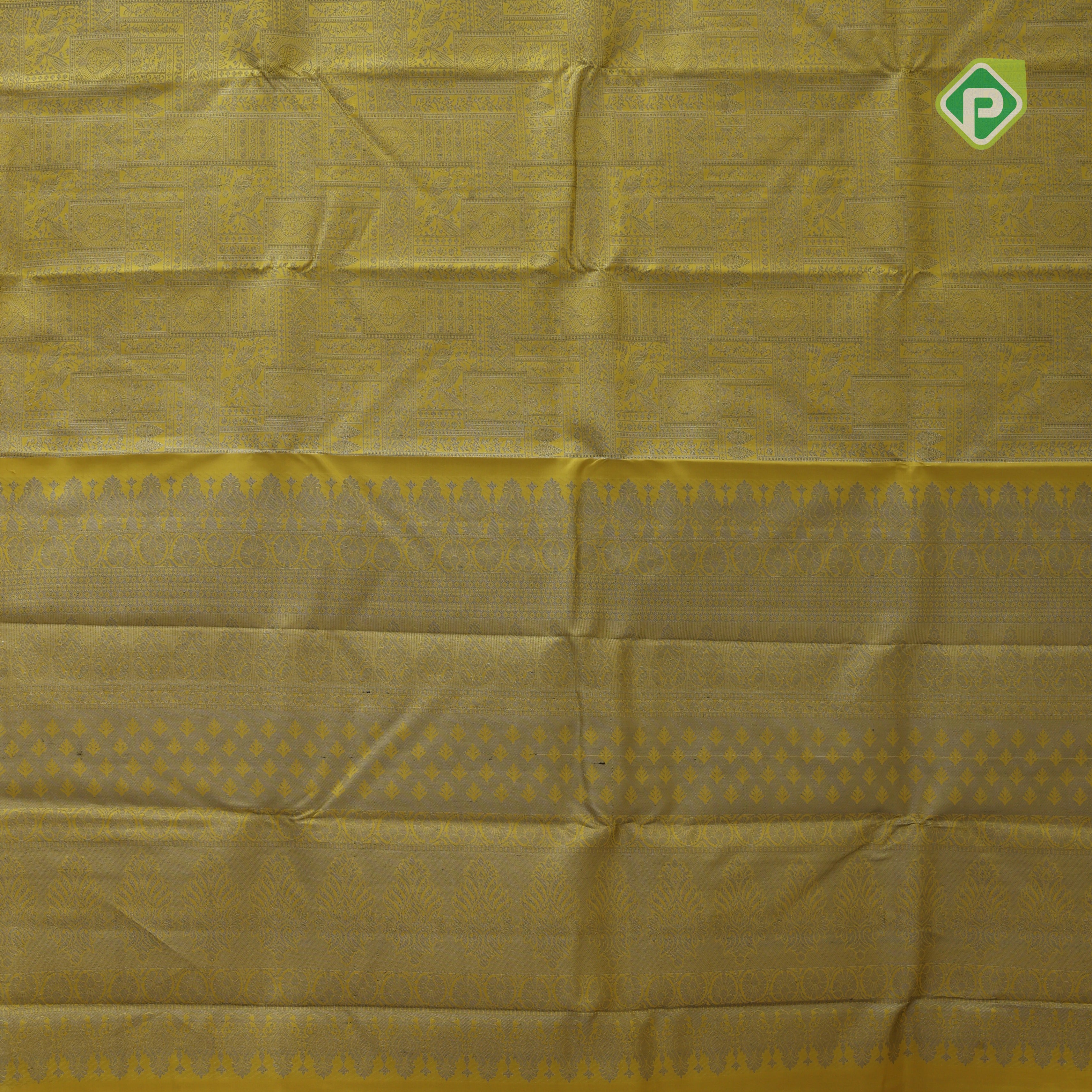 banana yellow neem zari self design boxes pink edge border all over weaved silk saree