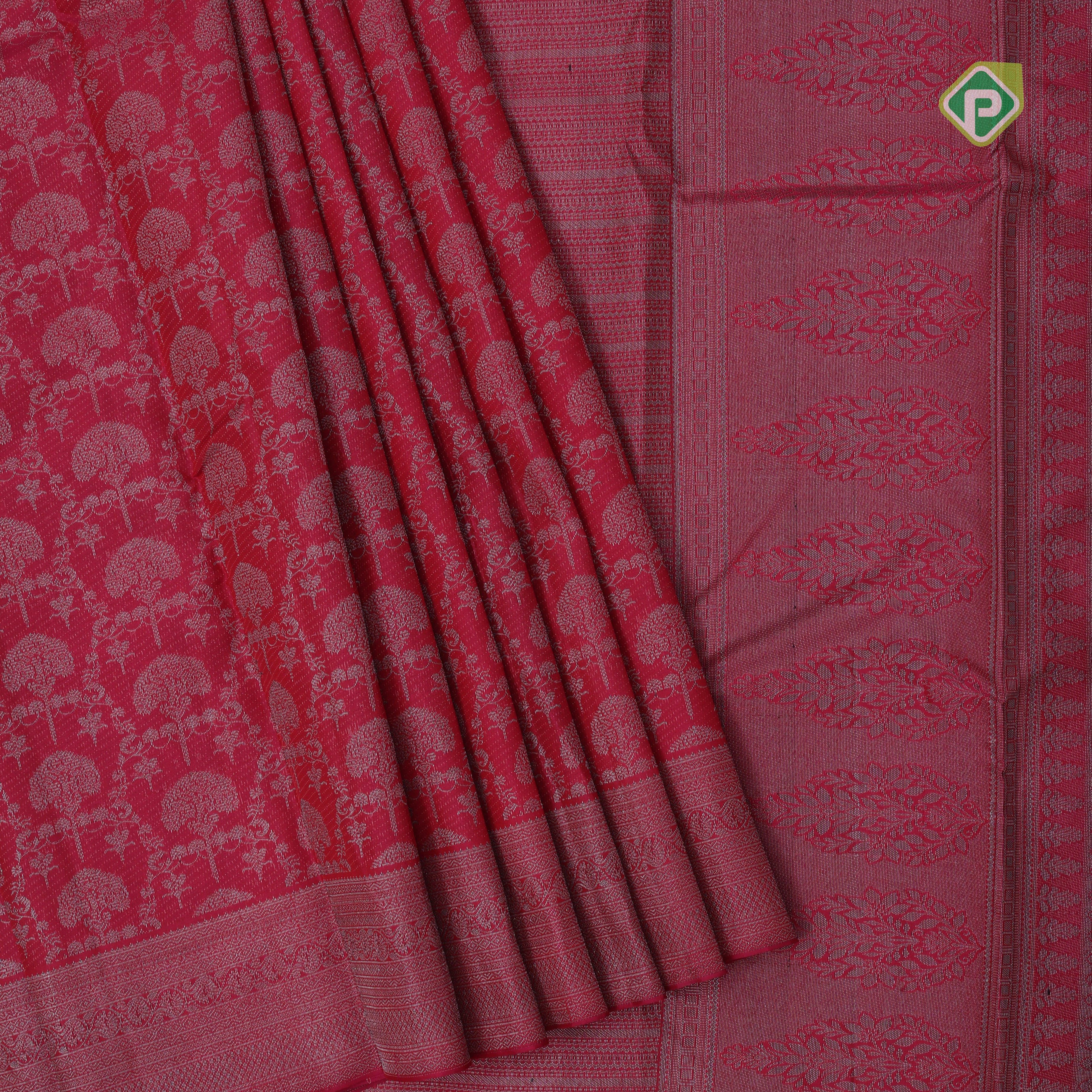 magenta pink with neem zari grand floral design rangoli design lines border all over weaved silk saree