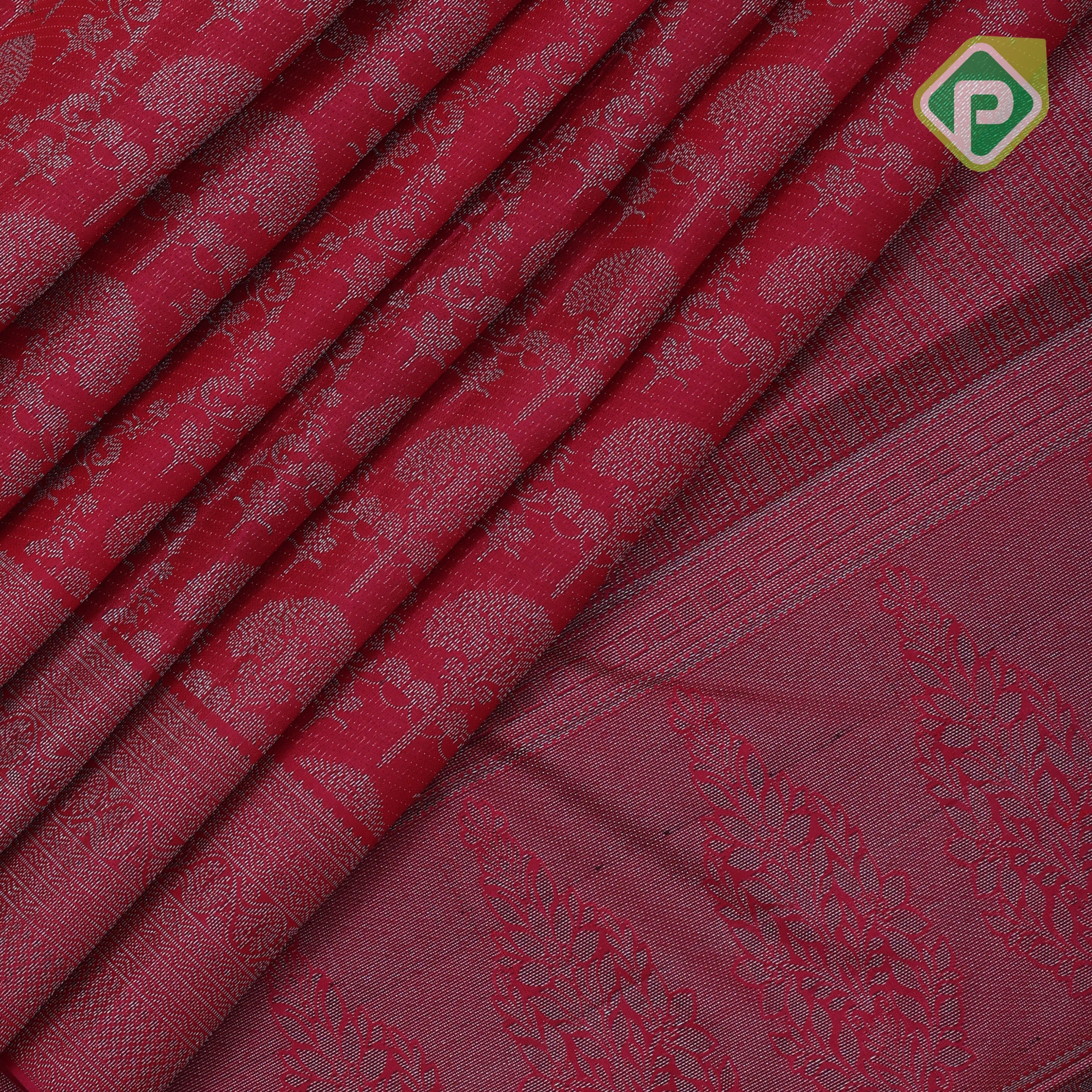 magenta pink with neem zari grand floral design rangoli design lines border all over weaved silk saree