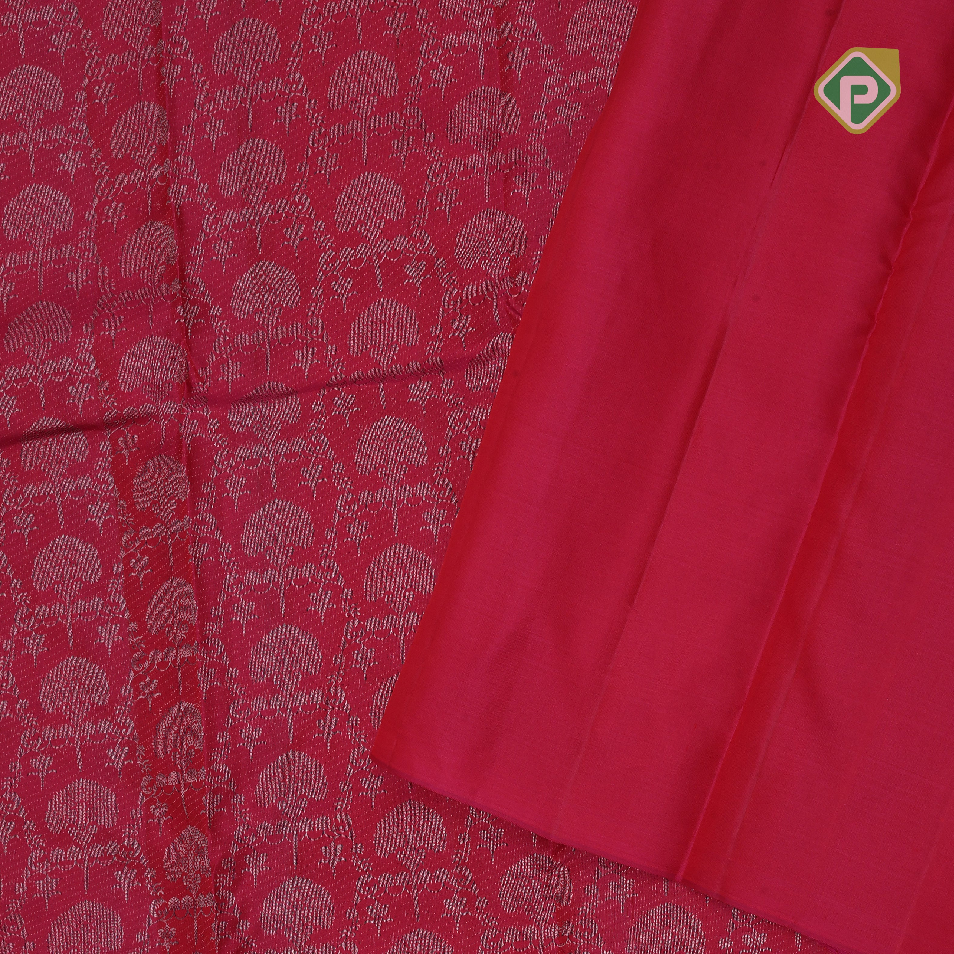 magenta pink with neem zari grand floral design rangoli design lines border all over weaved silk saree