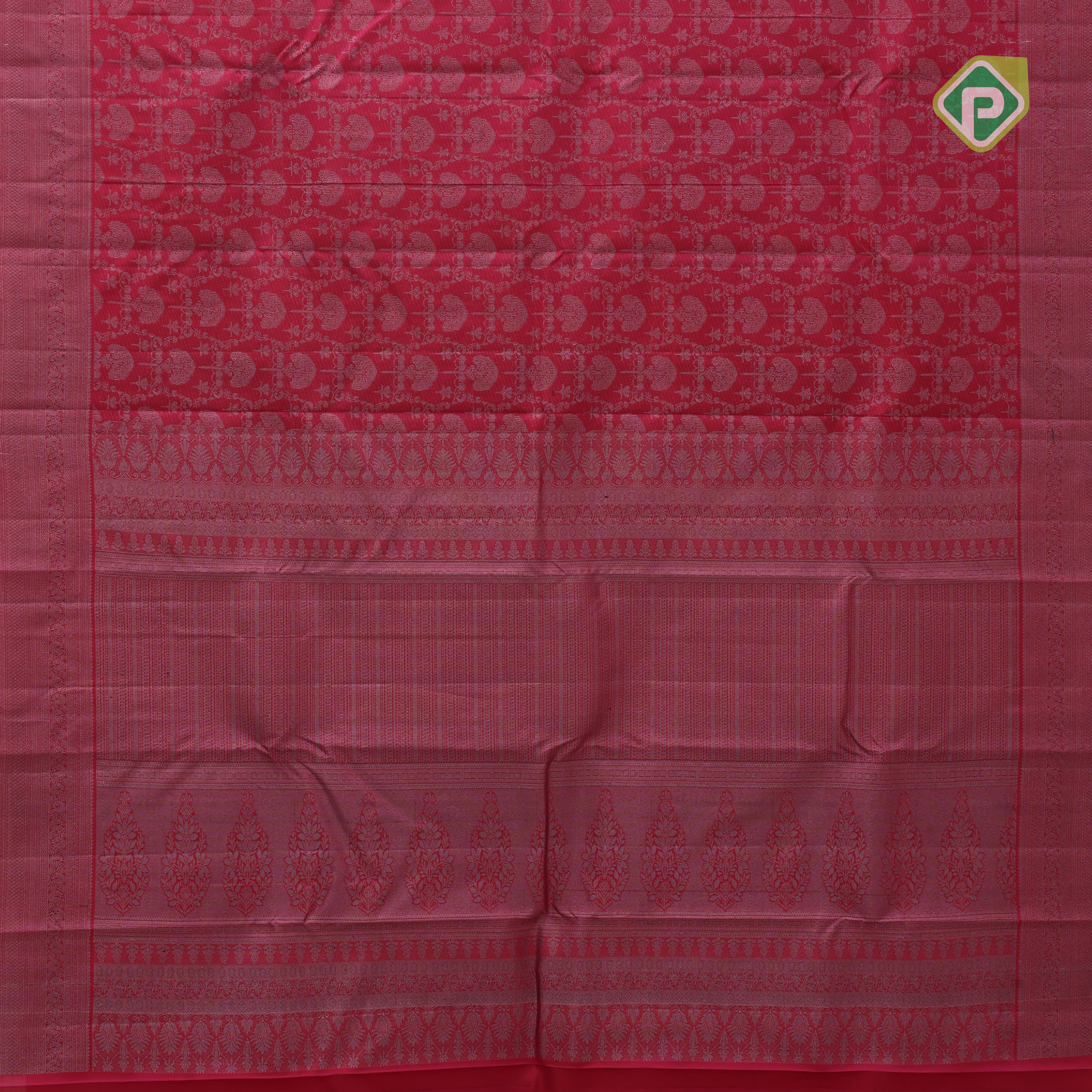 magenta pink with neem zari grand floral design rangoli design lines border all over weaved silk saree