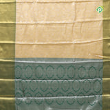 goldish self grand floral tissue contrast green border celebrity fame trendy fancy saree