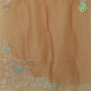 peach pink big flower with leaf fancy batch work organza fancy saree