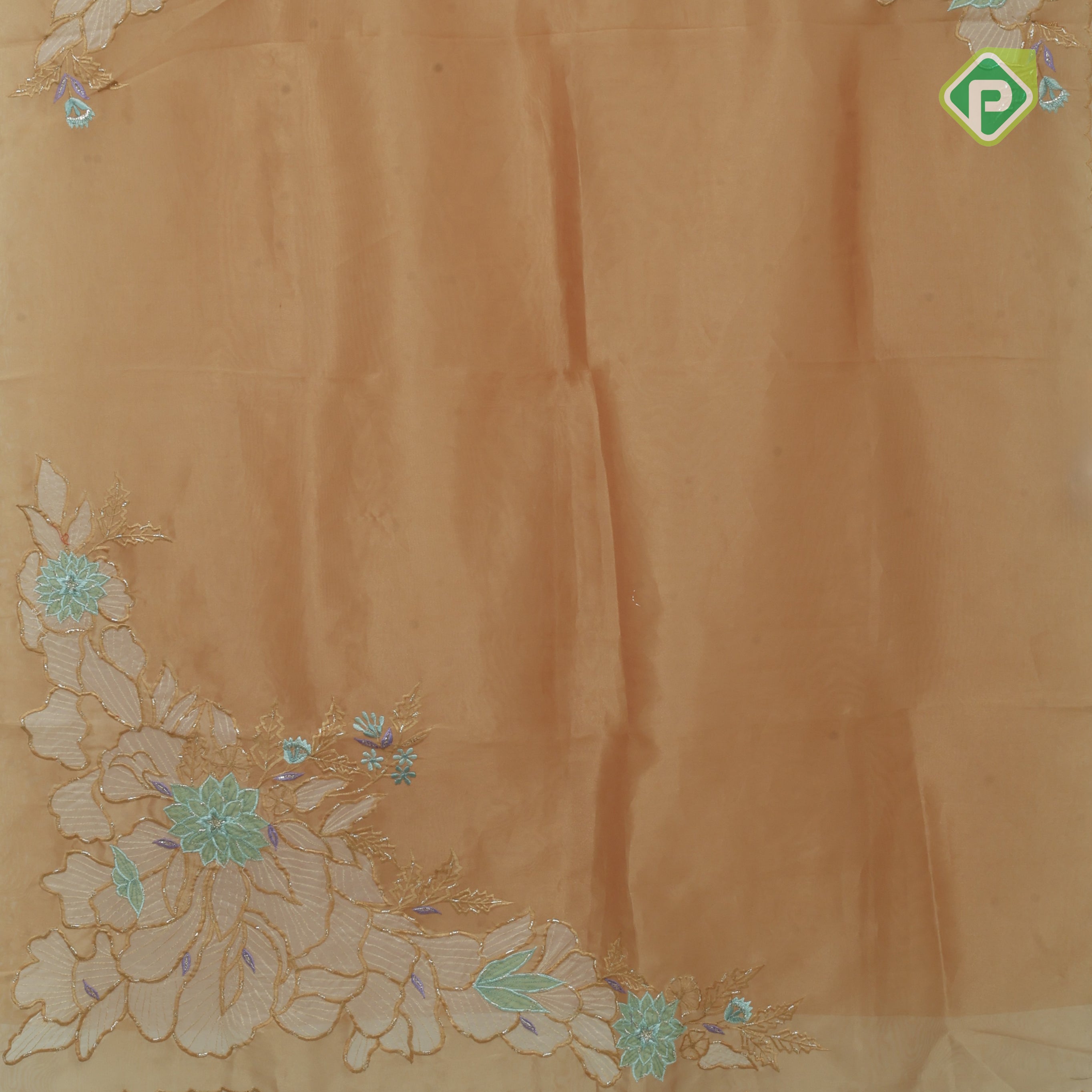peach pink big flower with leaf fancy batch work organza fancy saree