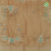 peach pink big flower with leaf fancy batch work organza fancy saree
