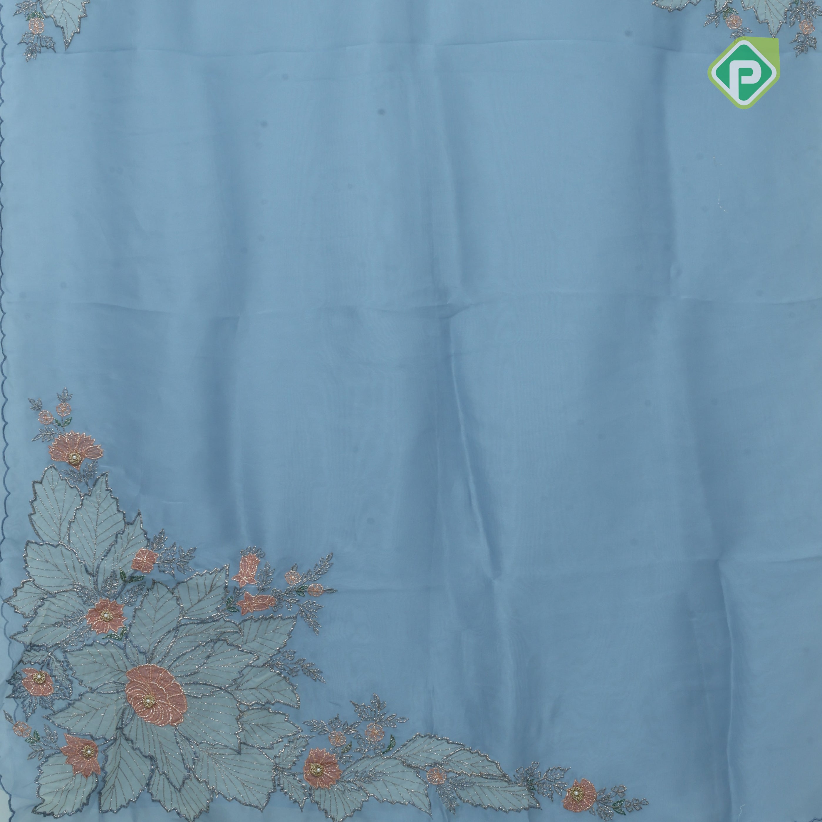 Blue grey big flower with leaf fancy batch work organza fancy saree