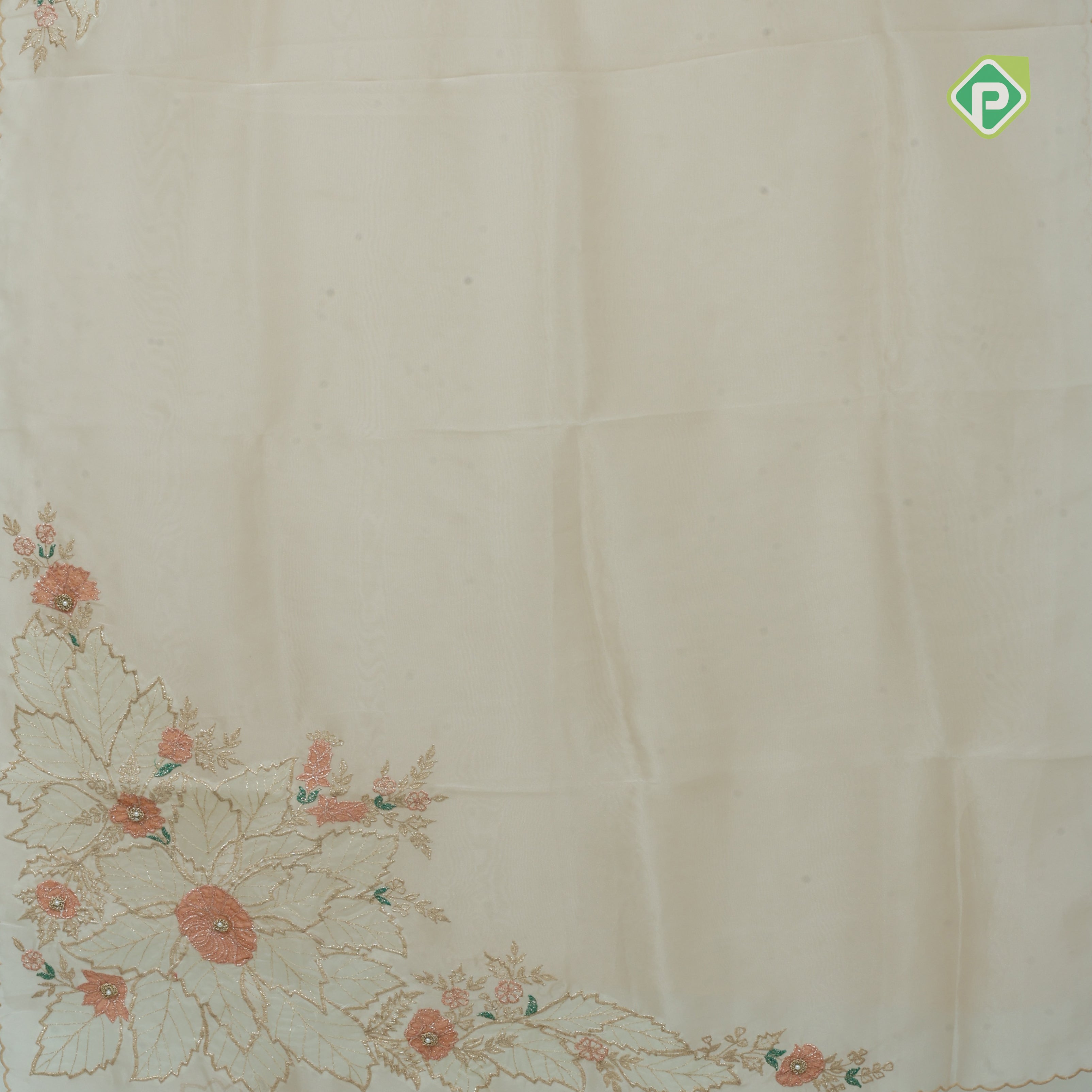 peach big flower with leaf fancy batch work organza fancy saree