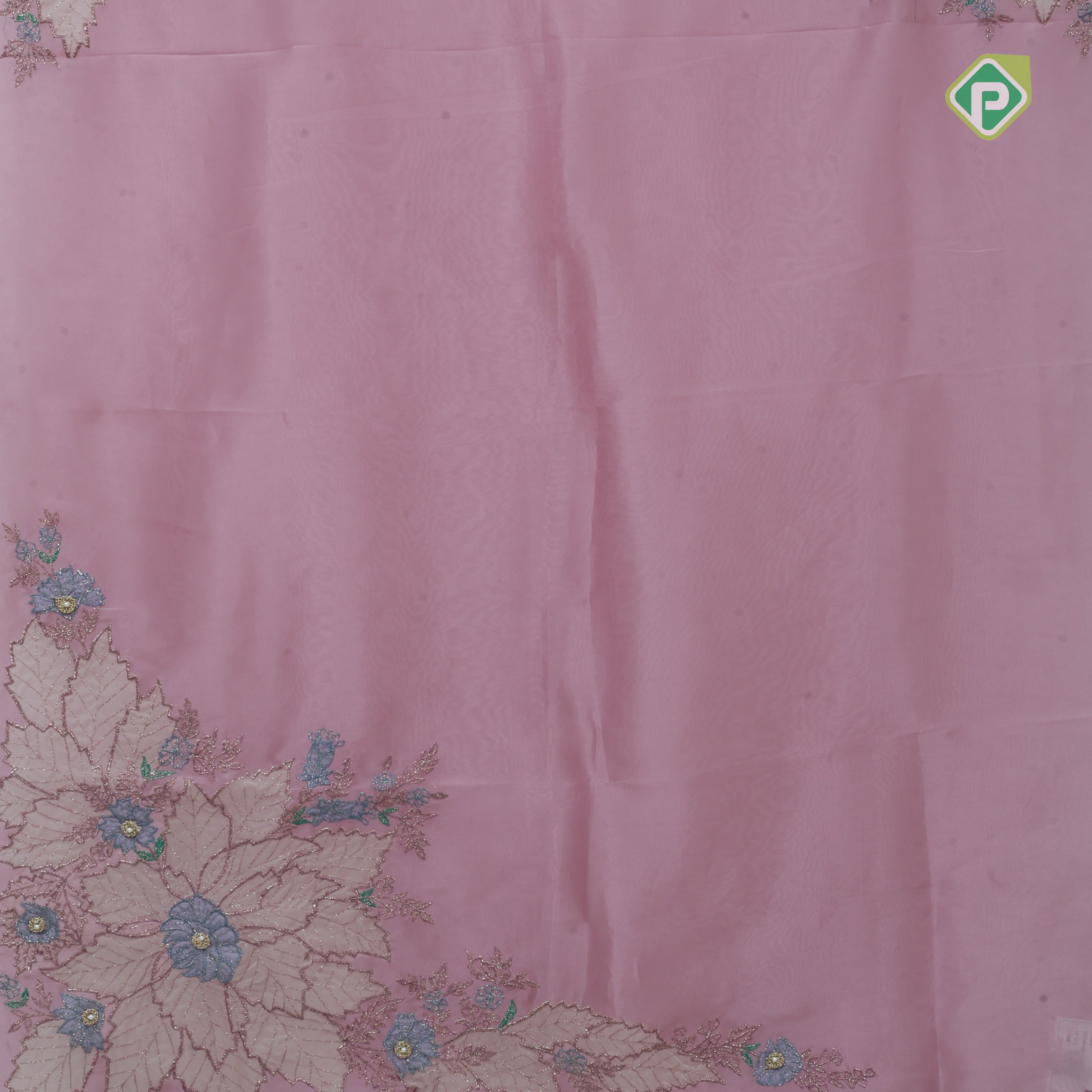 Lavender big flower with leaf fancy batch work organza fancy saree