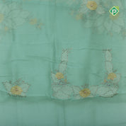 pista green big flower with leaf fancy batch work organza fancy saree