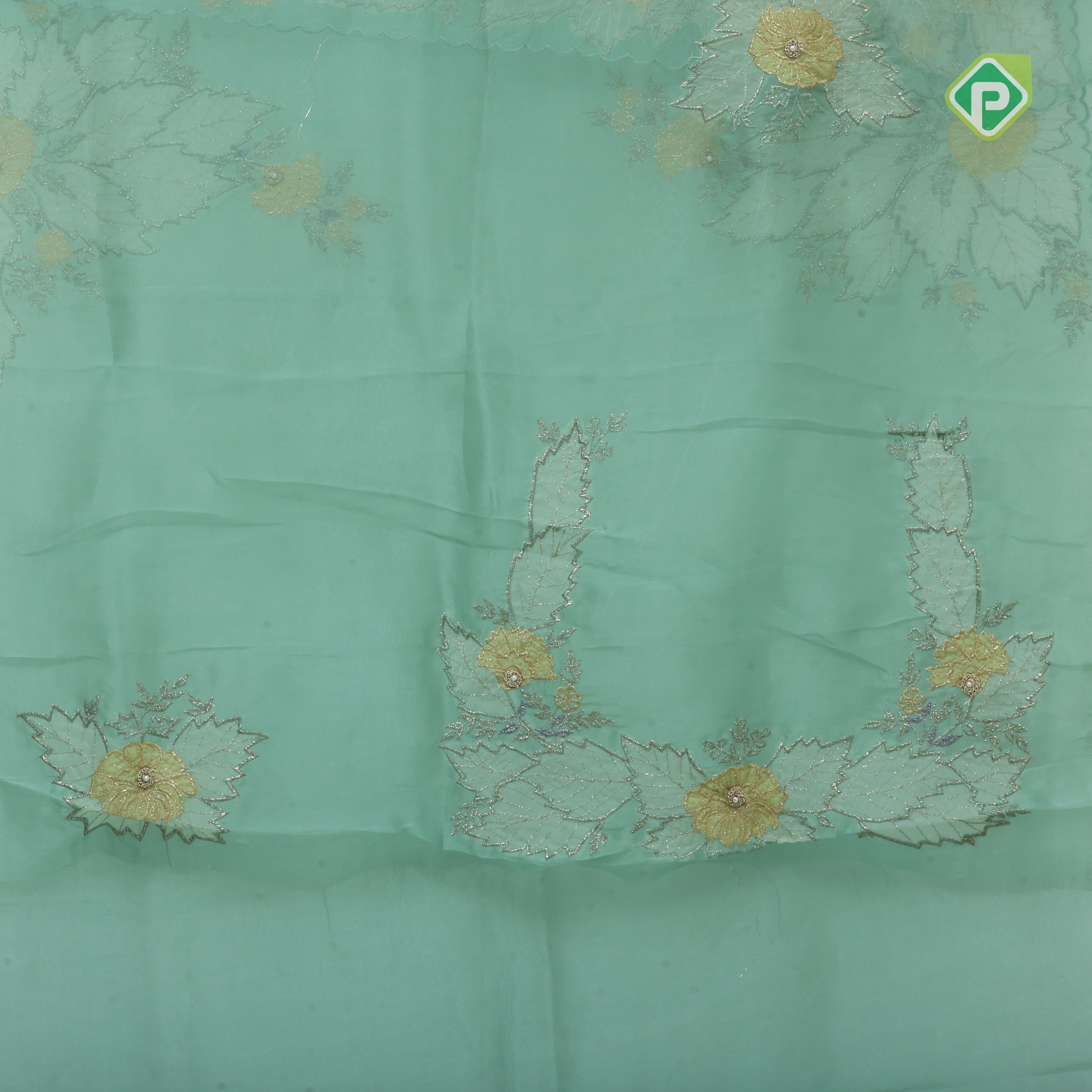 pista green big flower with leaf fancy batch work organza fancy saree