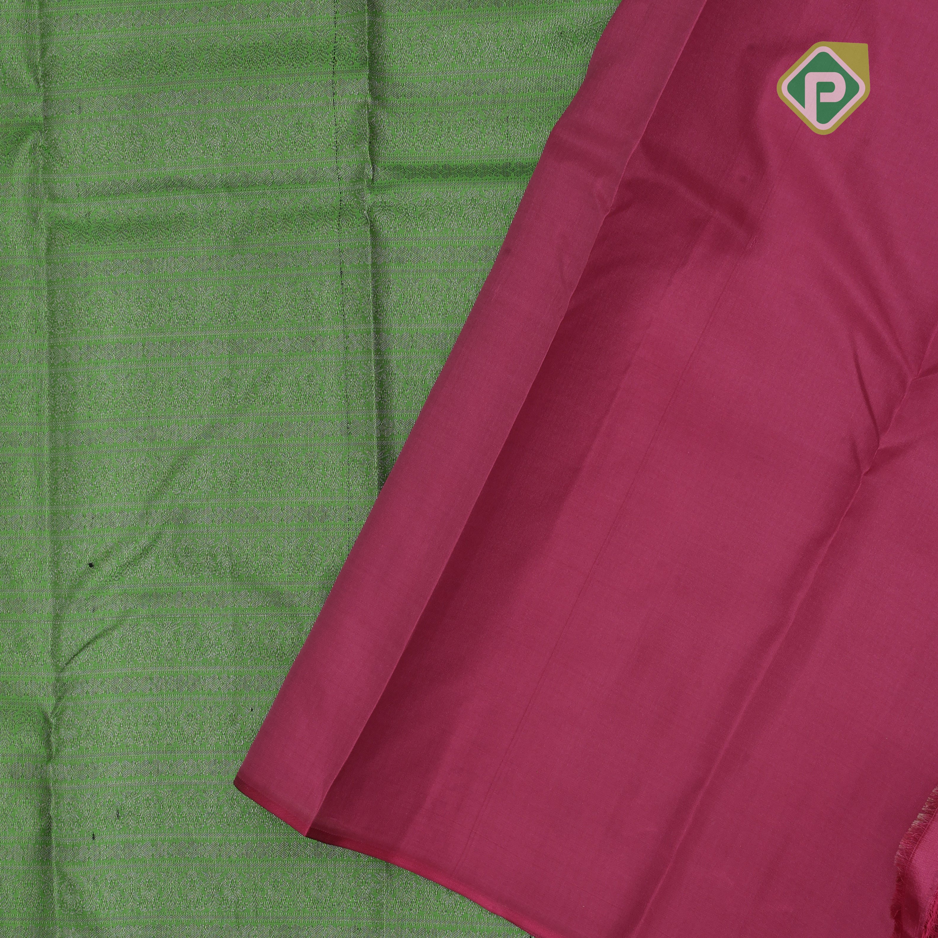 Emarald green gold zari small butta lines self gold zari zig zag border all over weaved silk saree
