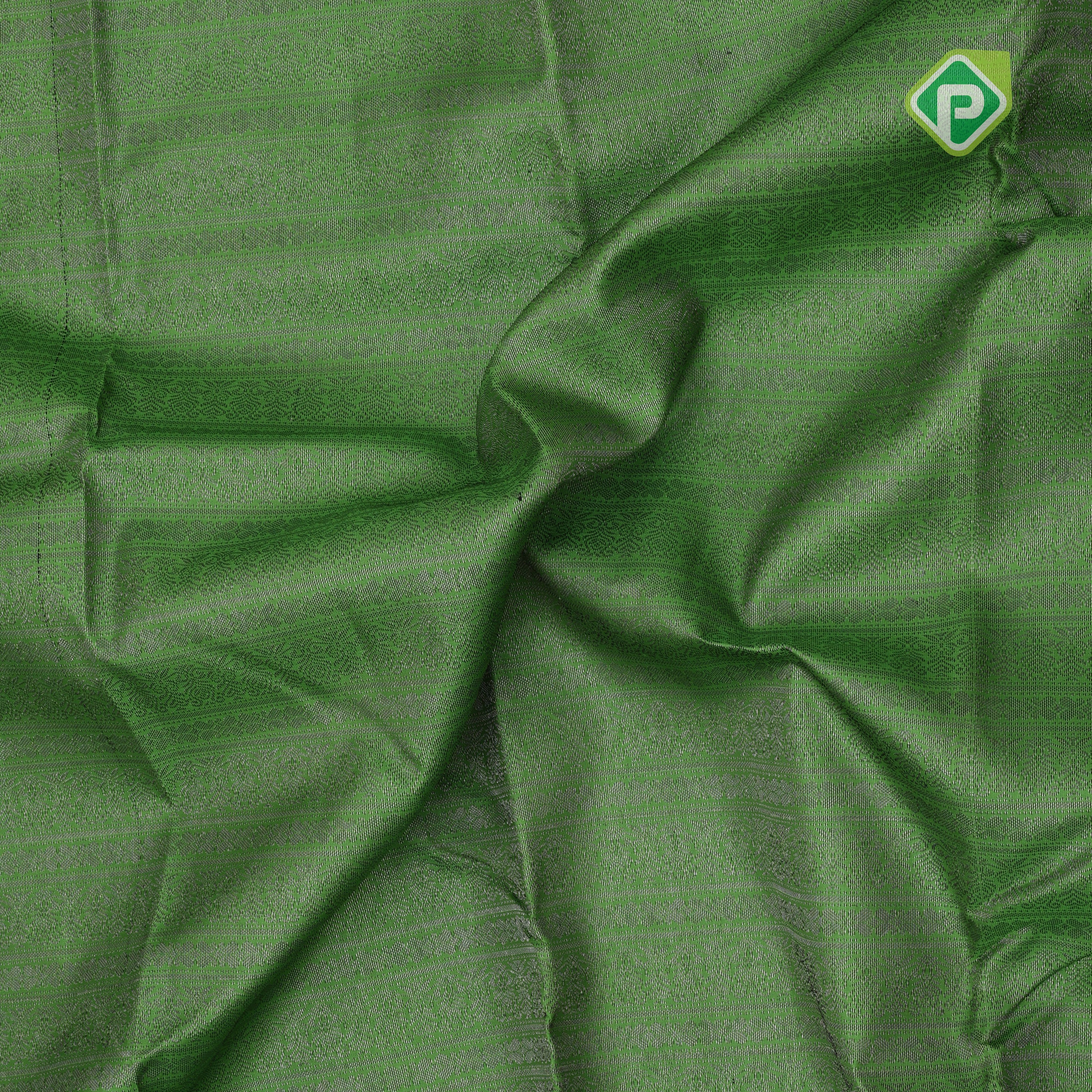 Emarald green gold zari small butta lines self gold zari zig zag border all over weaved silk saree