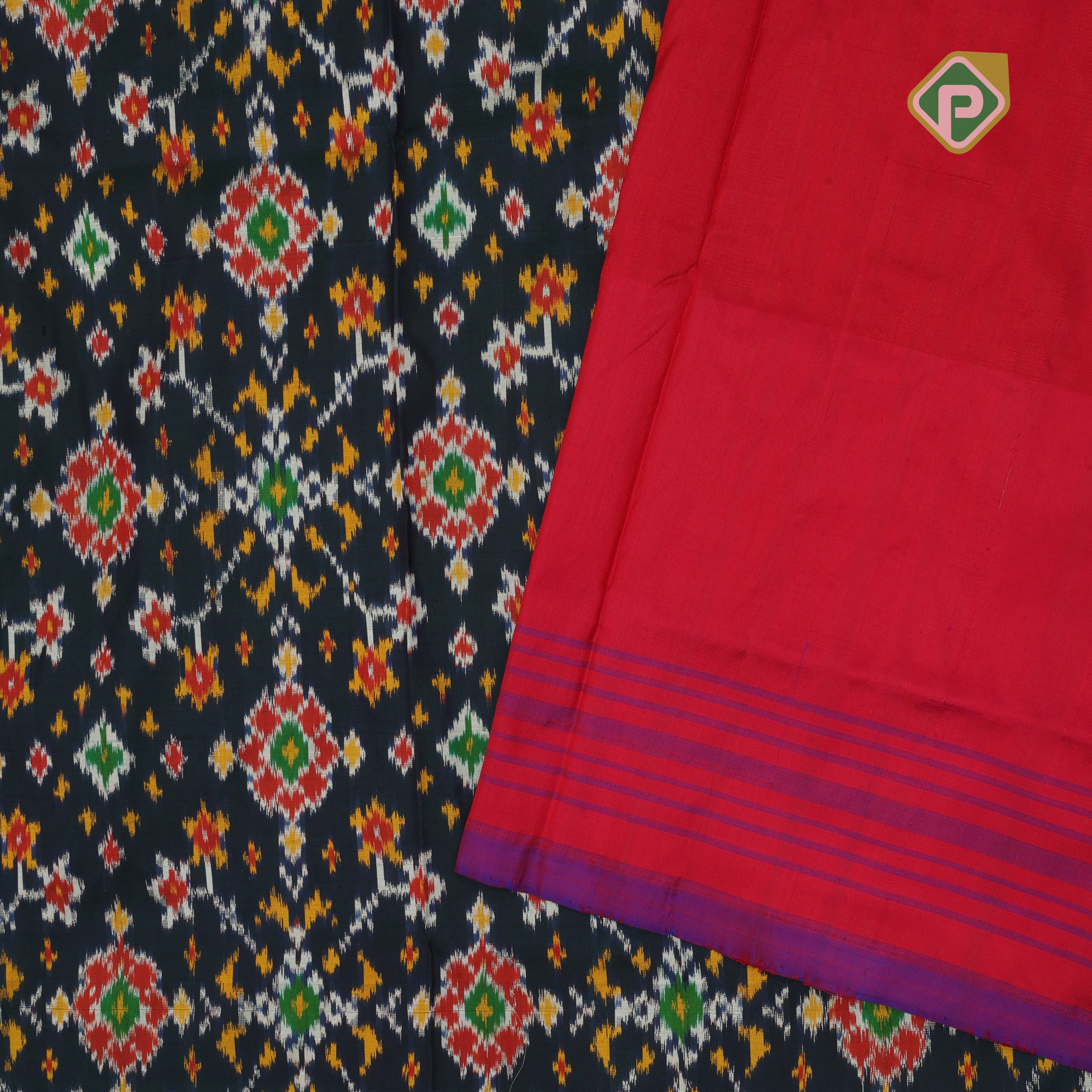 peacock blue with multi color ikkat design rani pink lines border ikkat silk saree
