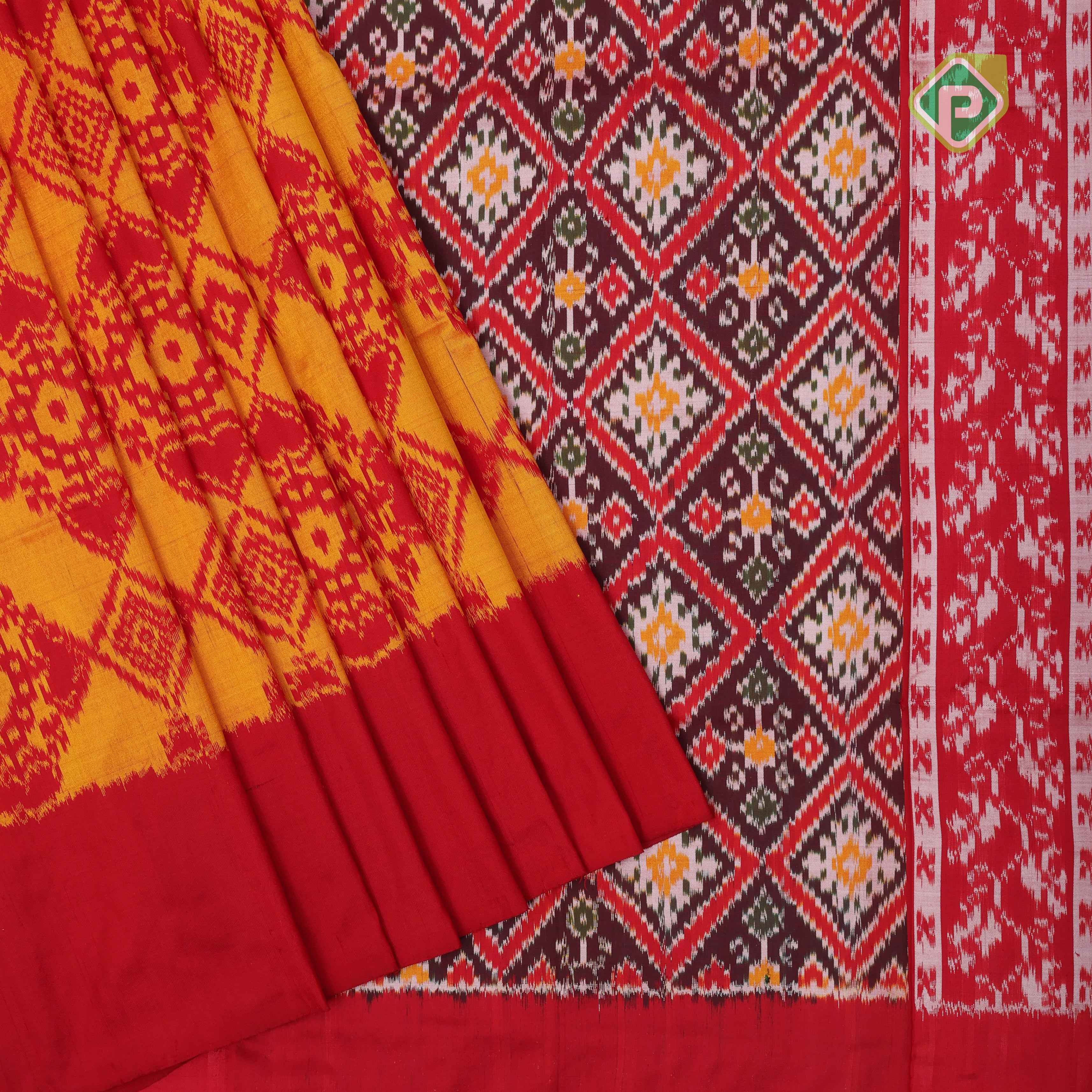 mango yellow red combination ikkat floral design solid red plain border ikkat silk saree