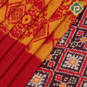 mango yellow red combination ikkat floral design solid red plain border ikkat silk saree