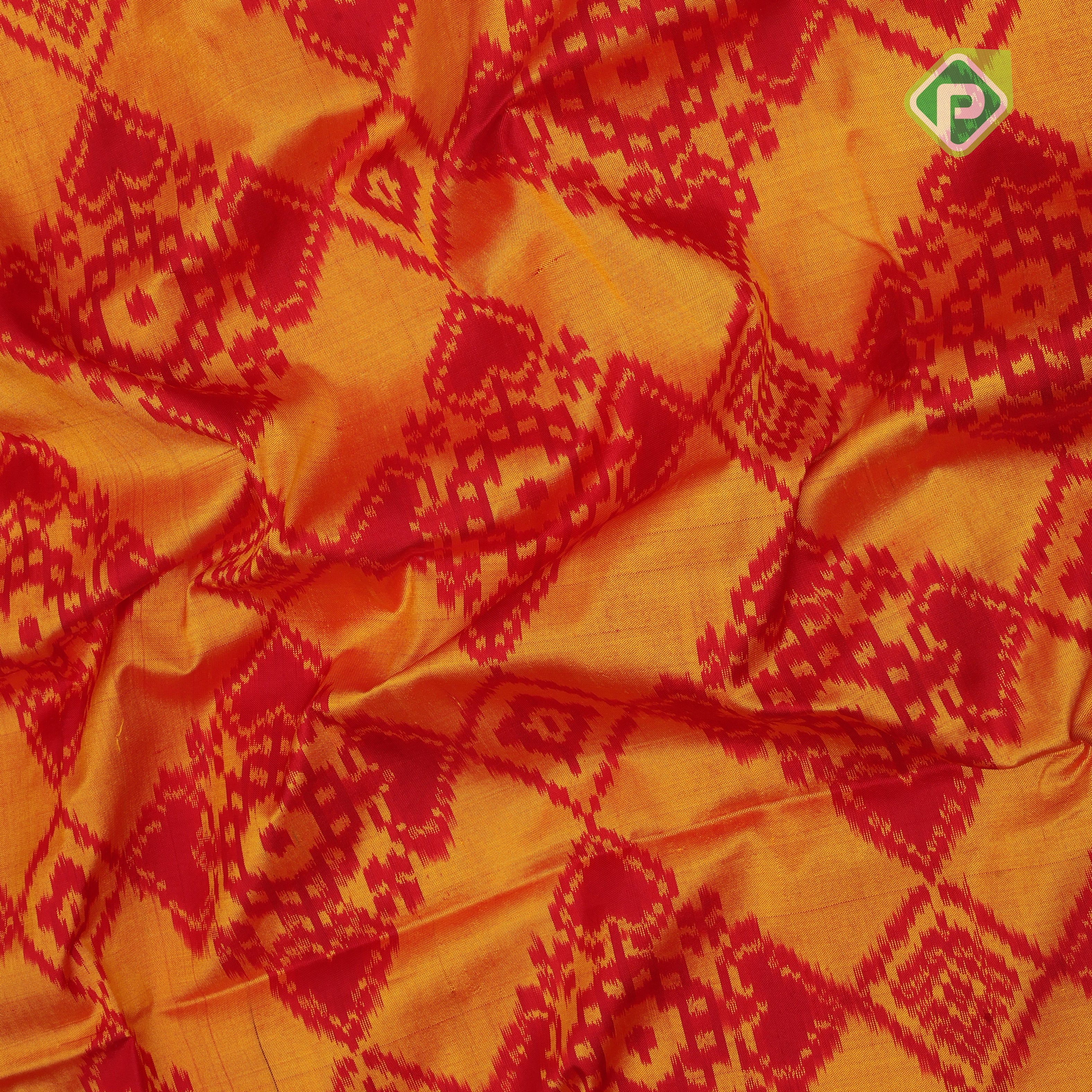 mango yellow red combination ikkat floral design solid red plain border ikkat silk saree