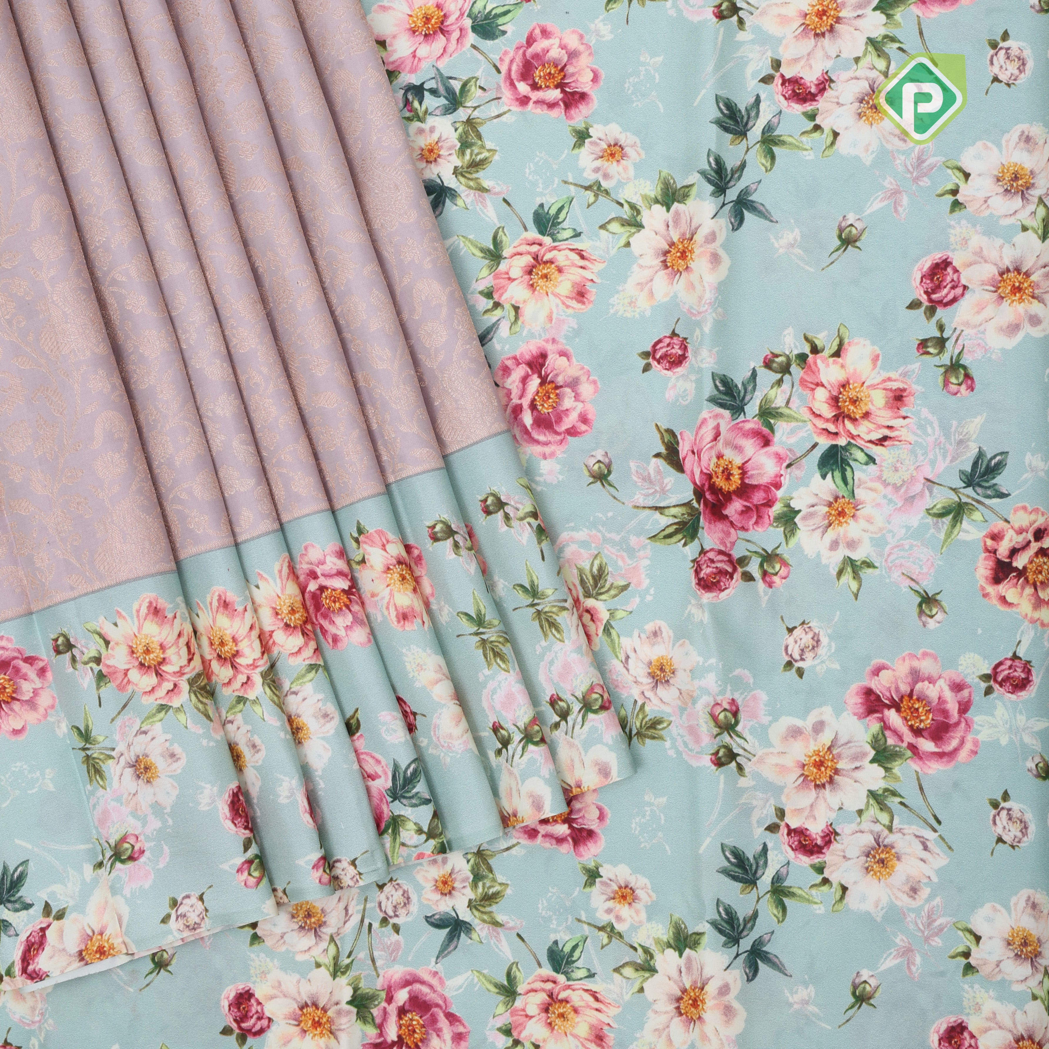 Lavender gold zari grand floral design cardamon green base fancy floral printed border digital print silk saree