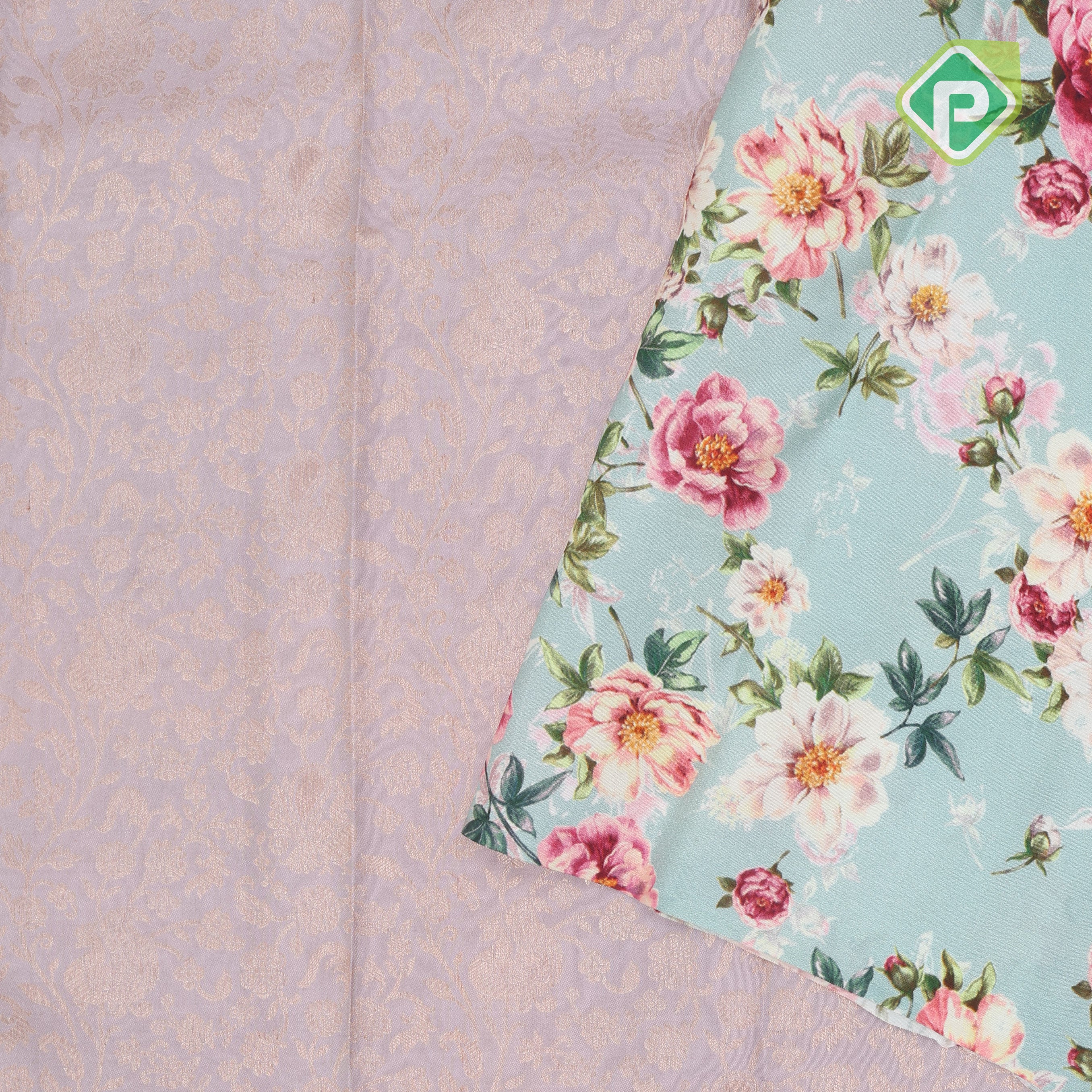 Lavender gold zari grand floral design cardamon green base fancy floral printed border digital print silk saree