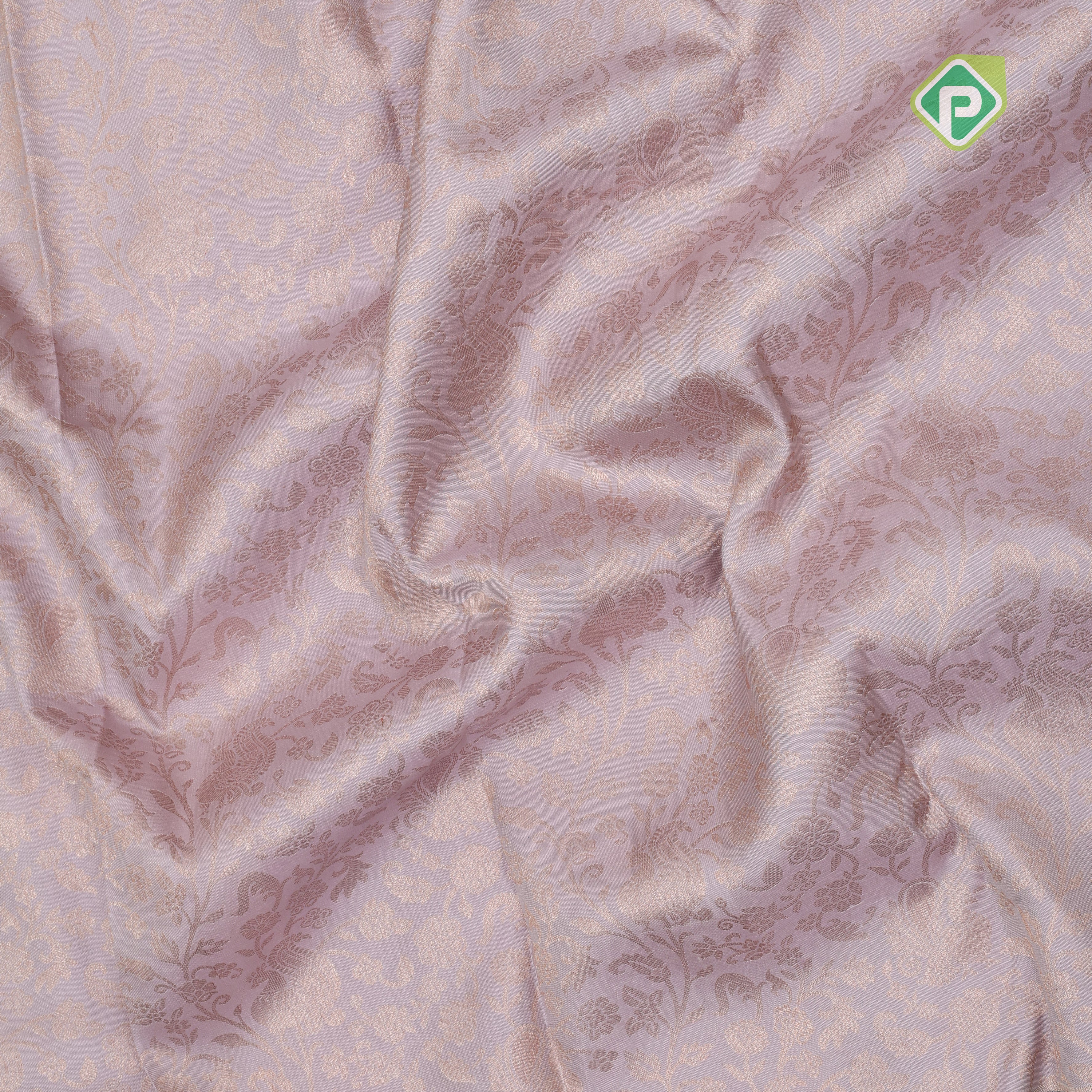 Lavender gold zari grand floral design cardamon green base fancy floral printed border digital print silk saree