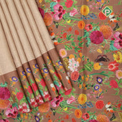 Mint copper silver zari grand floral design fancy floral printed border digital print silk saree