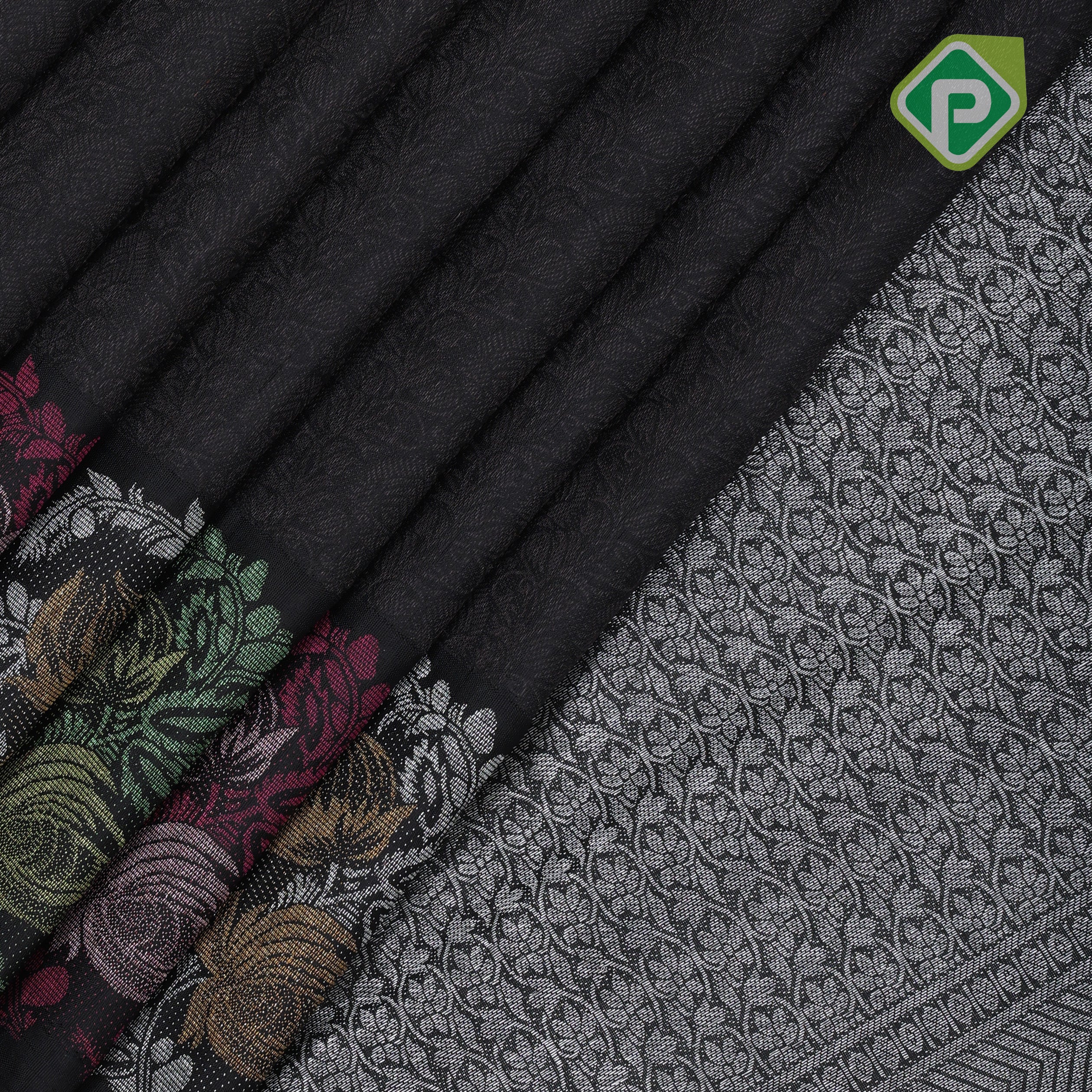 Black and zari grand self weaved design self multi color big fancy flower butta border Luxury black silk saree