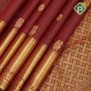 maroon red gold zari lines peacock rudraksham butta self gold zari bavanji border traditional silk saree